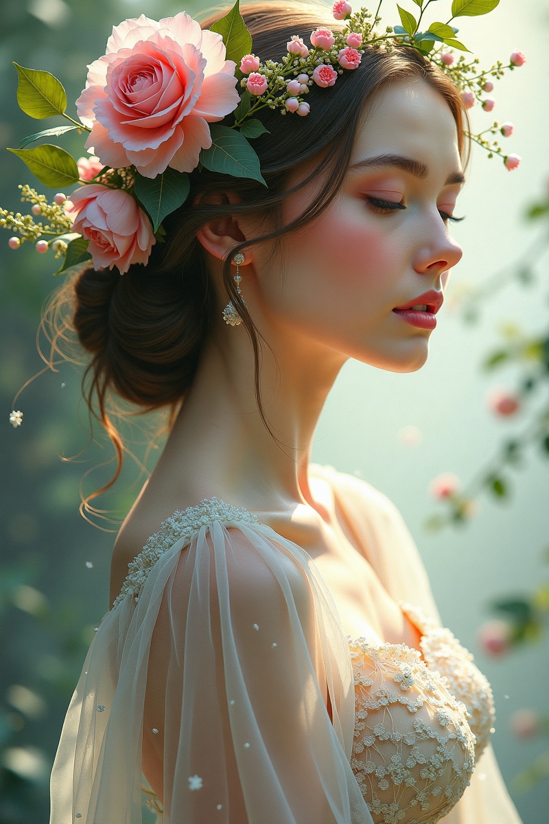 A magnificent very beautiful woman Nature's Embrace,  a graceful scene in the spirit of Anna Dittmann,  an elegant woman a...