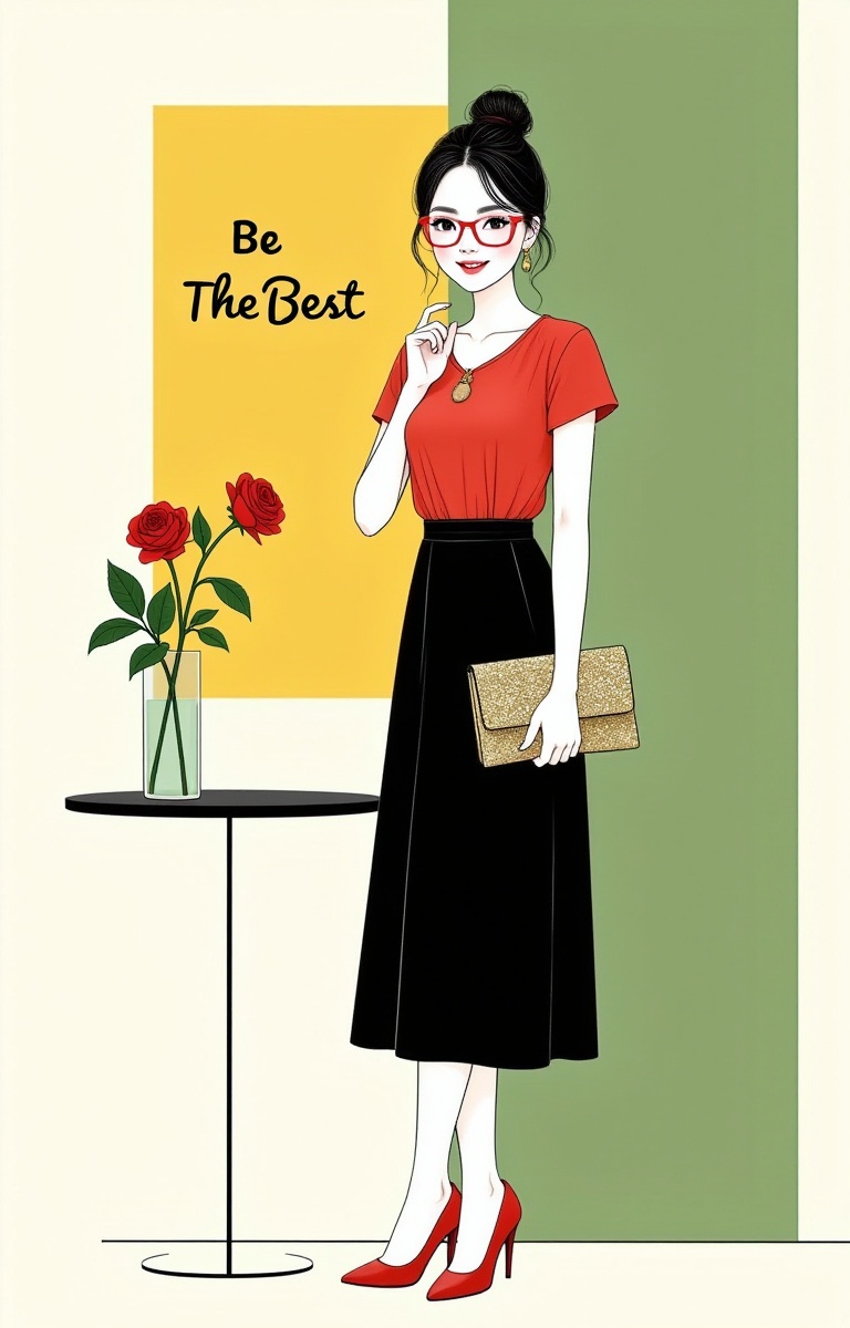 A Green,  white and yellow color block ,  minimalistic style illustration of a portrait of a Beautiful young lady on Tenso...
