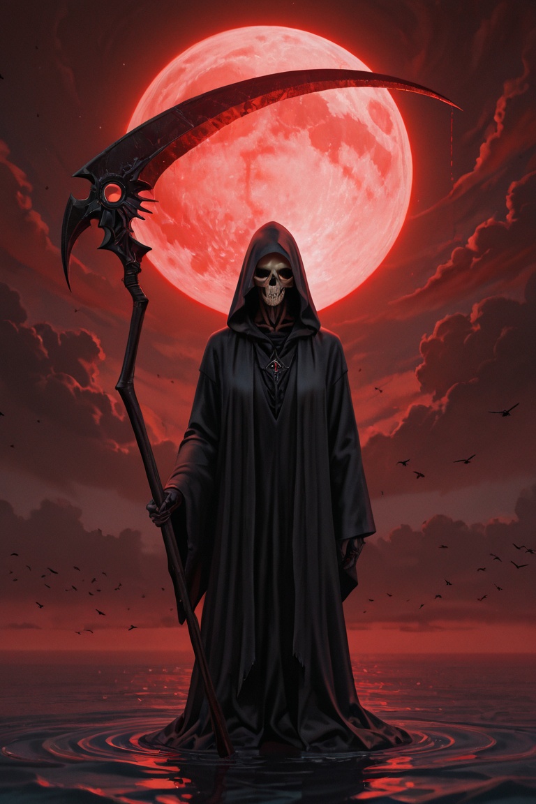 A grim reaper in a flowing red robe sits on a rocky outcrop by a body of water,  holding a massive scythe. face is hidden,...