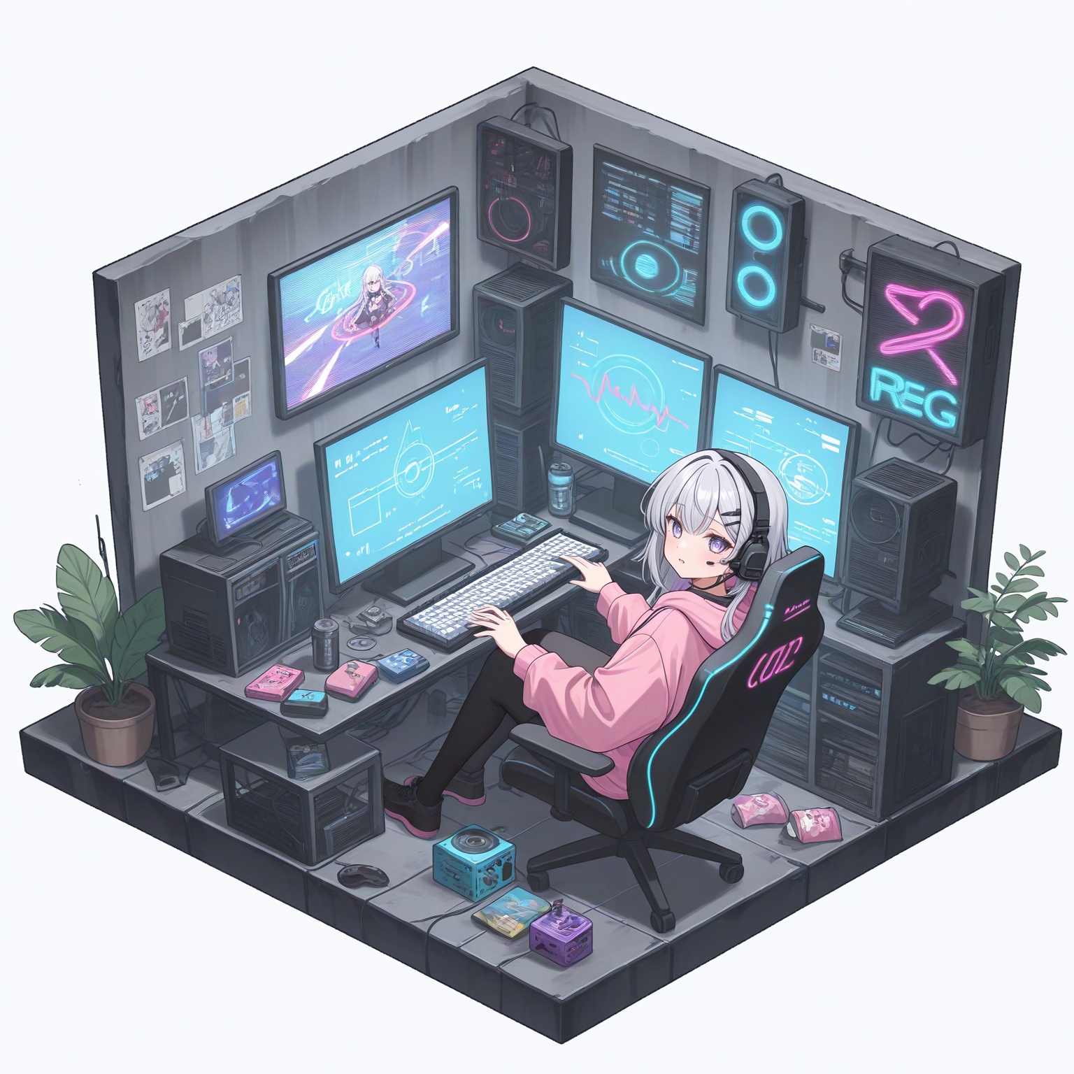 isometric view,  girl with straight silver hair,  lavender eyes on Tensor.Art