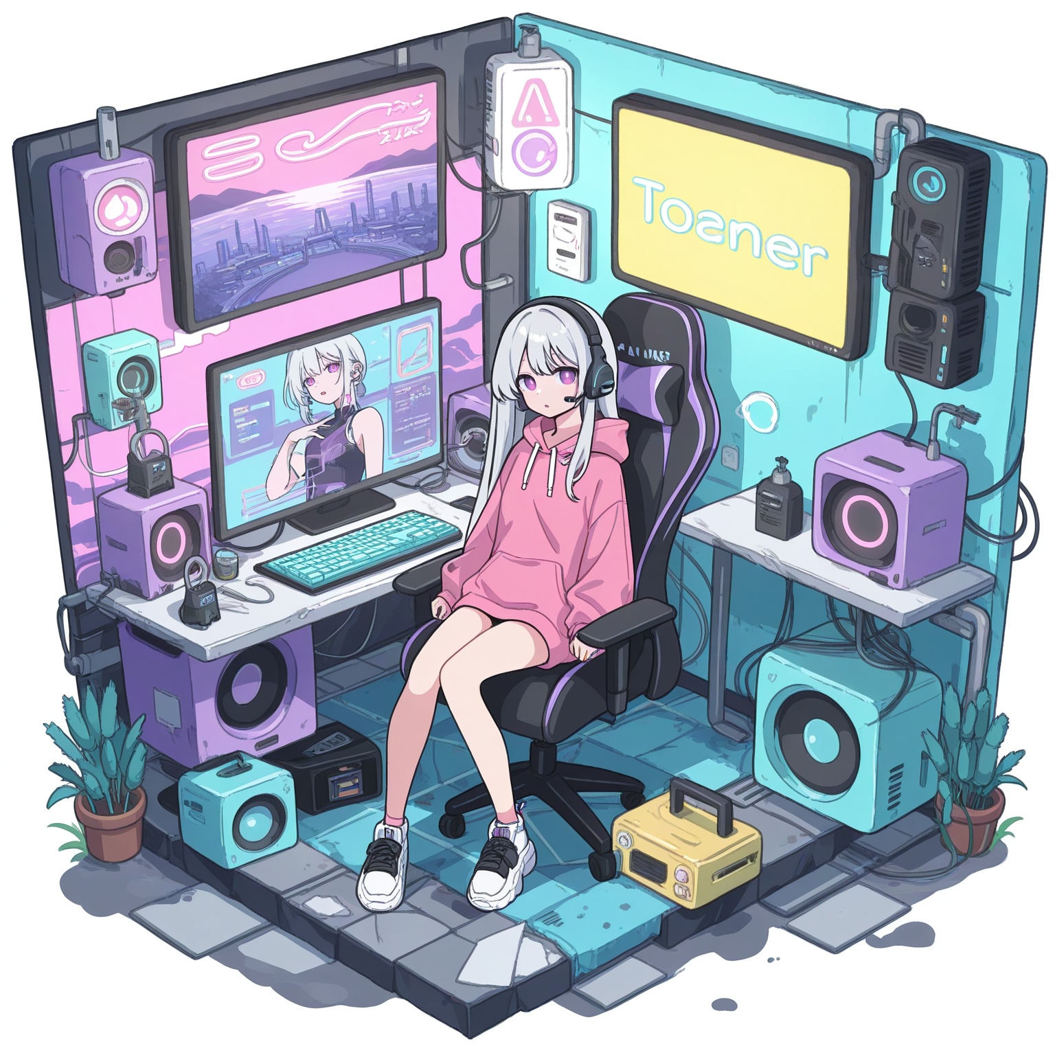 isometric view,  girl with straight silver hair,  lavender eyes on Tensor.Art
