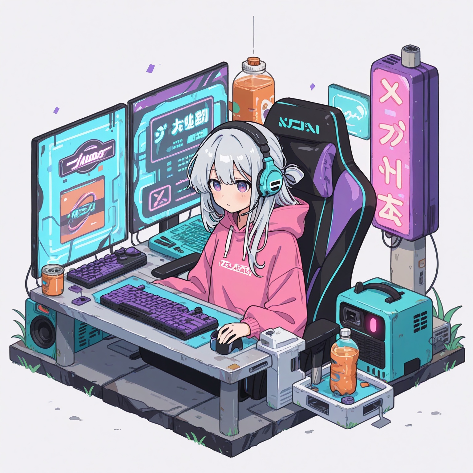 isometric view,  girl with straight silver hair,  lavender eyes on Tensor.Art