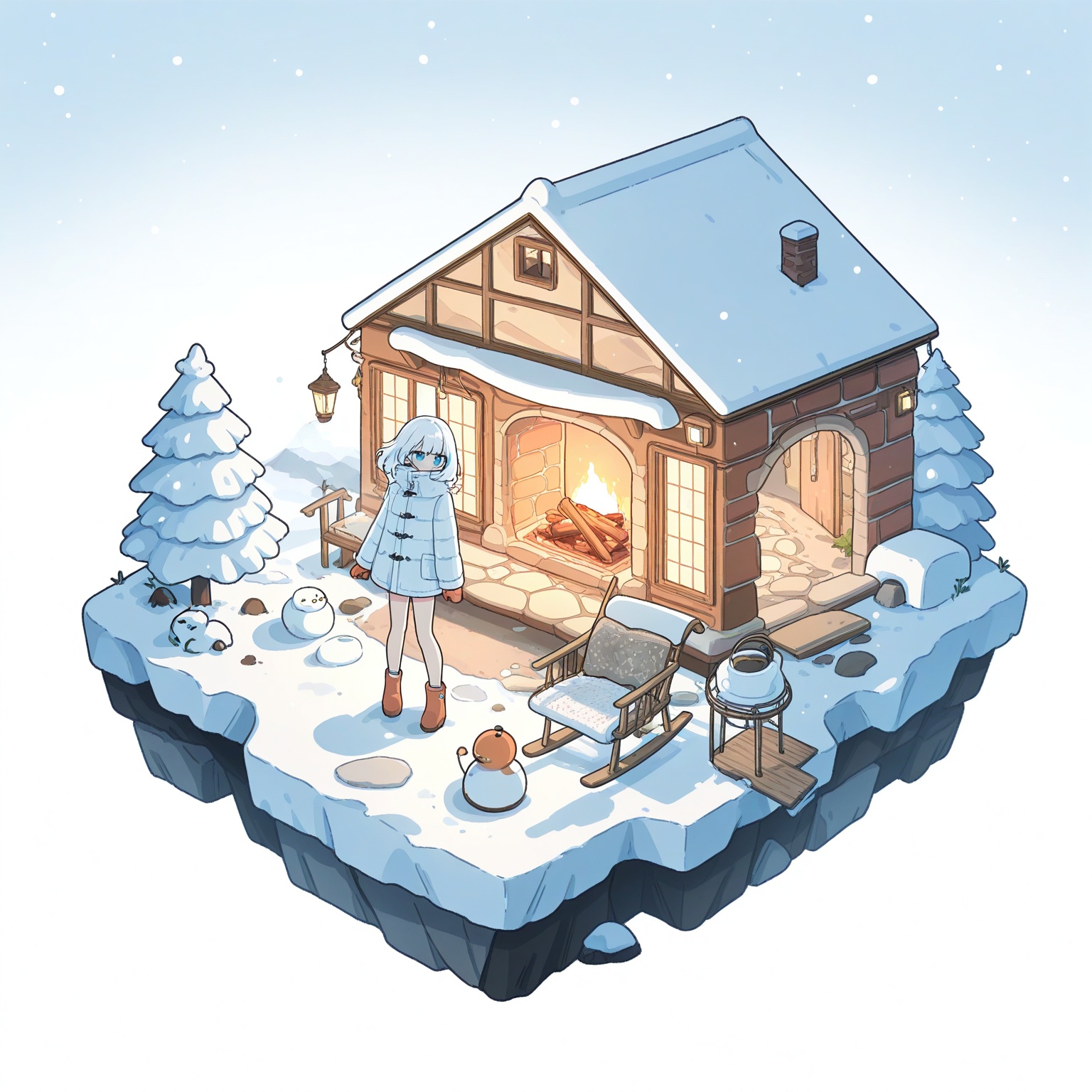 isometric view,  girl with short white hair,  icy blue eyes on Tensor.Art