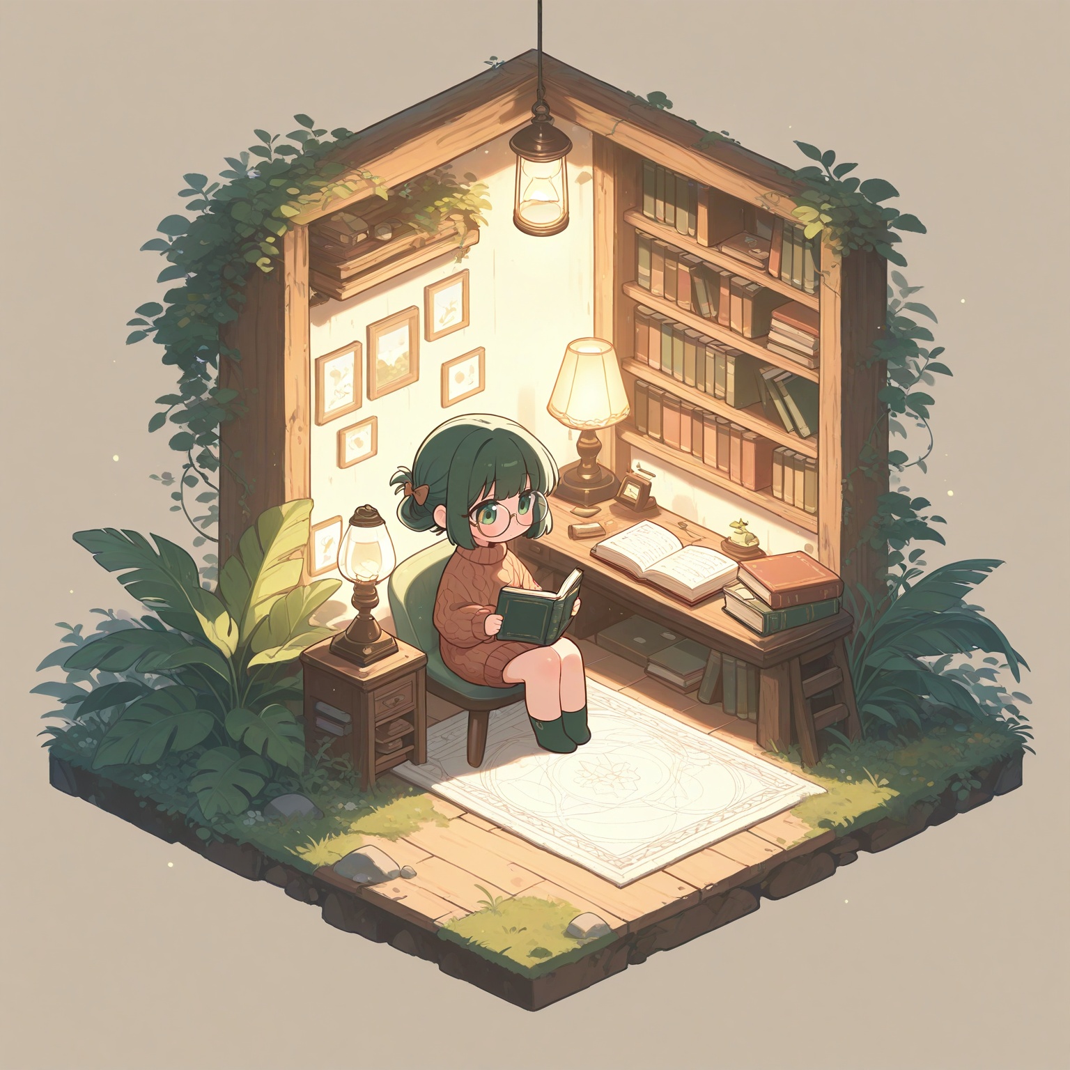 isometric view,  girl with short jet-black bob hairstyle,  emerald green eyes on Tensor.Art