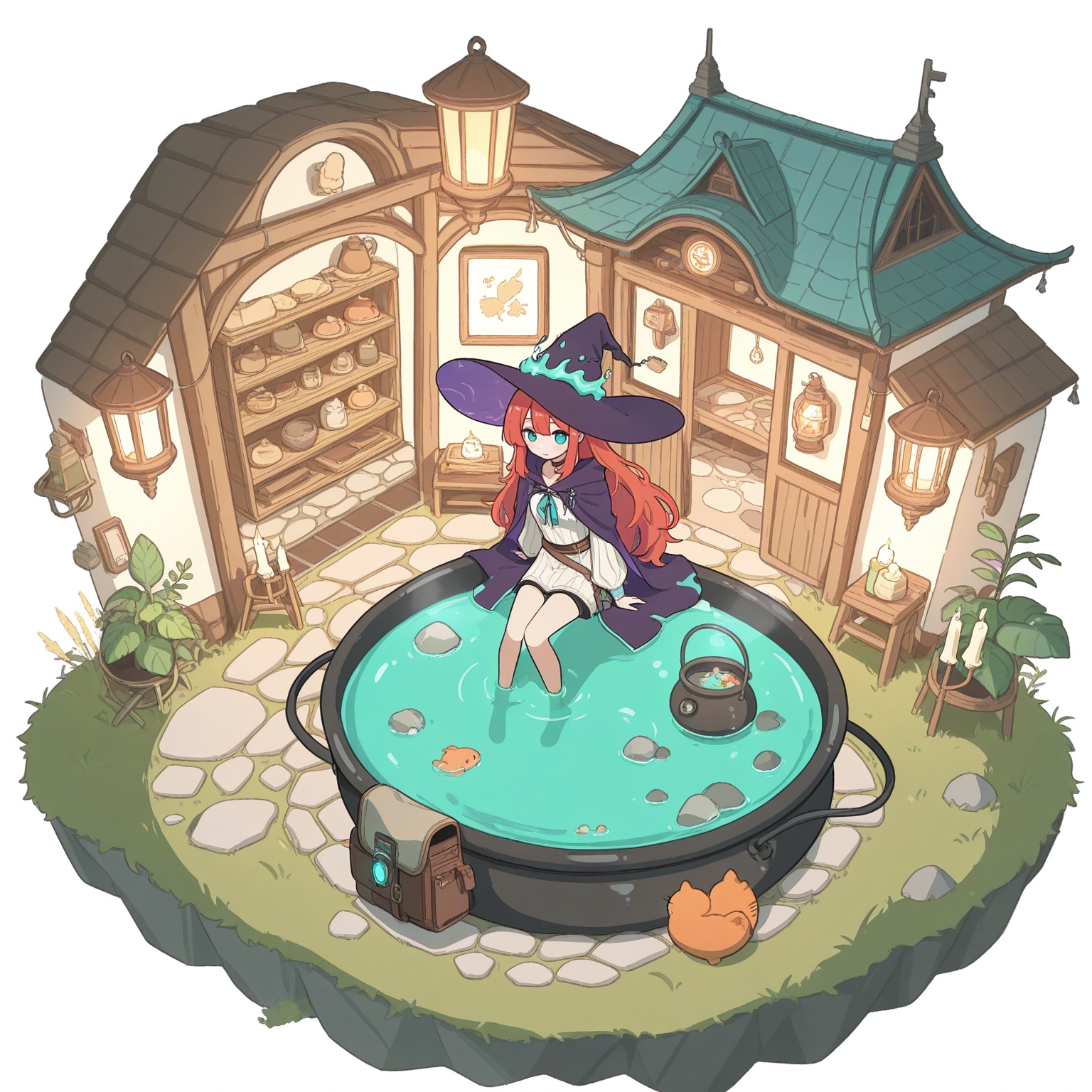 isometric view,  girl with fiery red long hair,  bright teal eyes on Tensor.Art