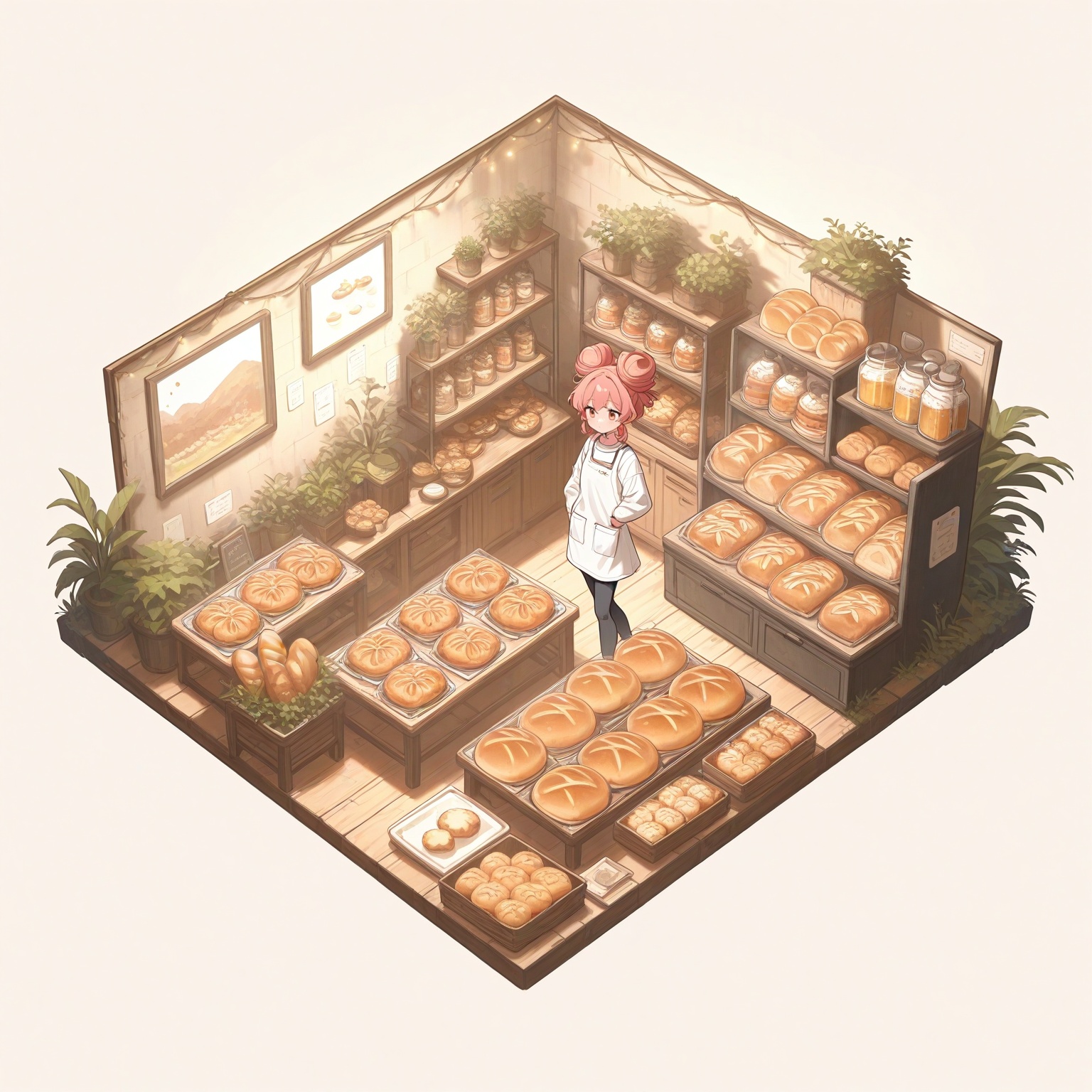 isometric view,  girl with curly chestnut hair tied in a messy bun,  hazel eyes on Tensor.Art