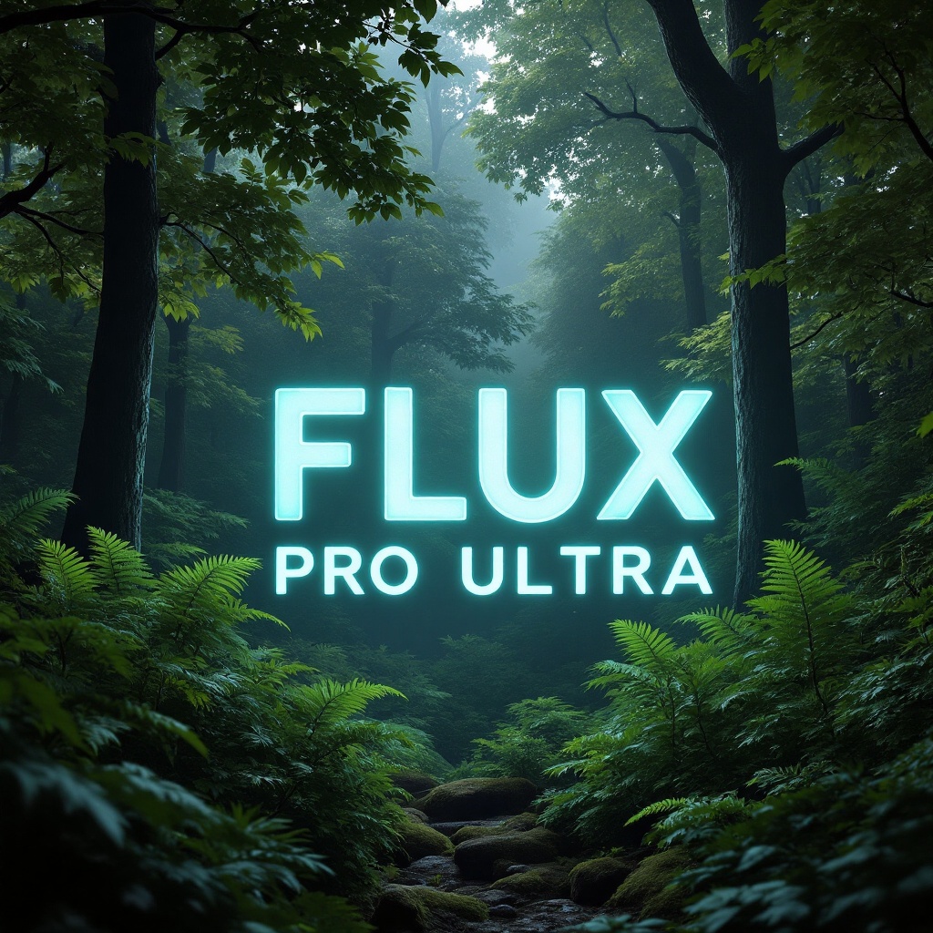 In a lush forest glade,  a clearing of ferns and towering trees,  the words FLUX Pro Ultra appear in striking typography....