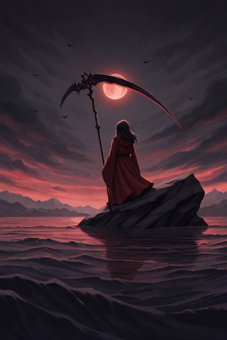 A grim reaper in a flowing red robe sits on a rocky outcrop by a body of water,  holding a massive scythe. face is hidden,...