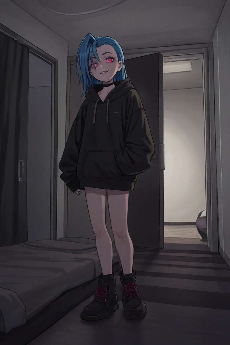 jinx,  wearing a a black hoodie chilling at her room,  front view on Tensor.Art