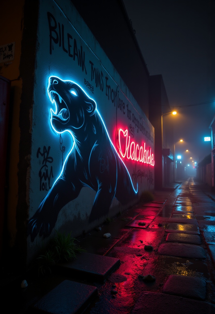 Neon graffiti depicting a panther painted in crimson and blue paint on a concrete wall in an alley,  glowing accents,  lay...