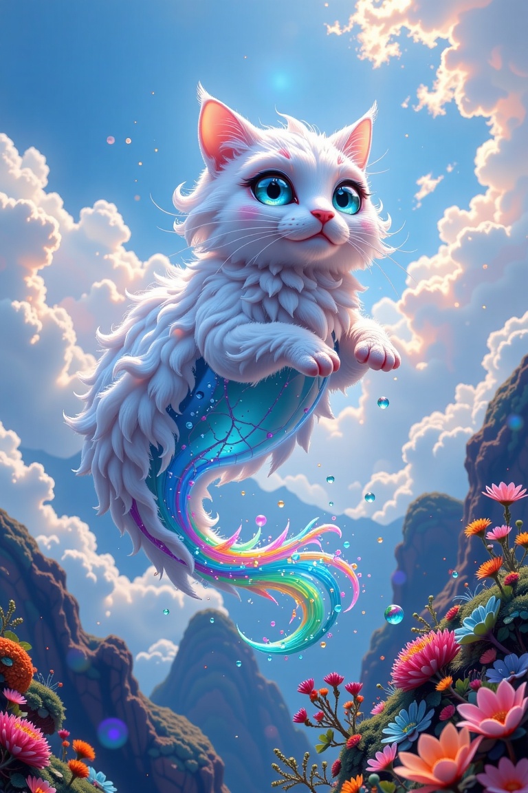 A captivating painting of a majestic cloud cat soaring gracefully through the sky. The cat's body is made of fluffy white...