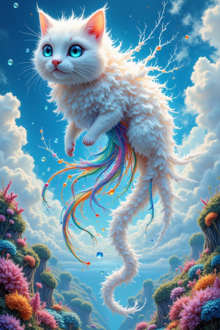 A captivating painting of a majestic cloud cat soaring gracefully through the sky. The cat's body is made of fluffy white...