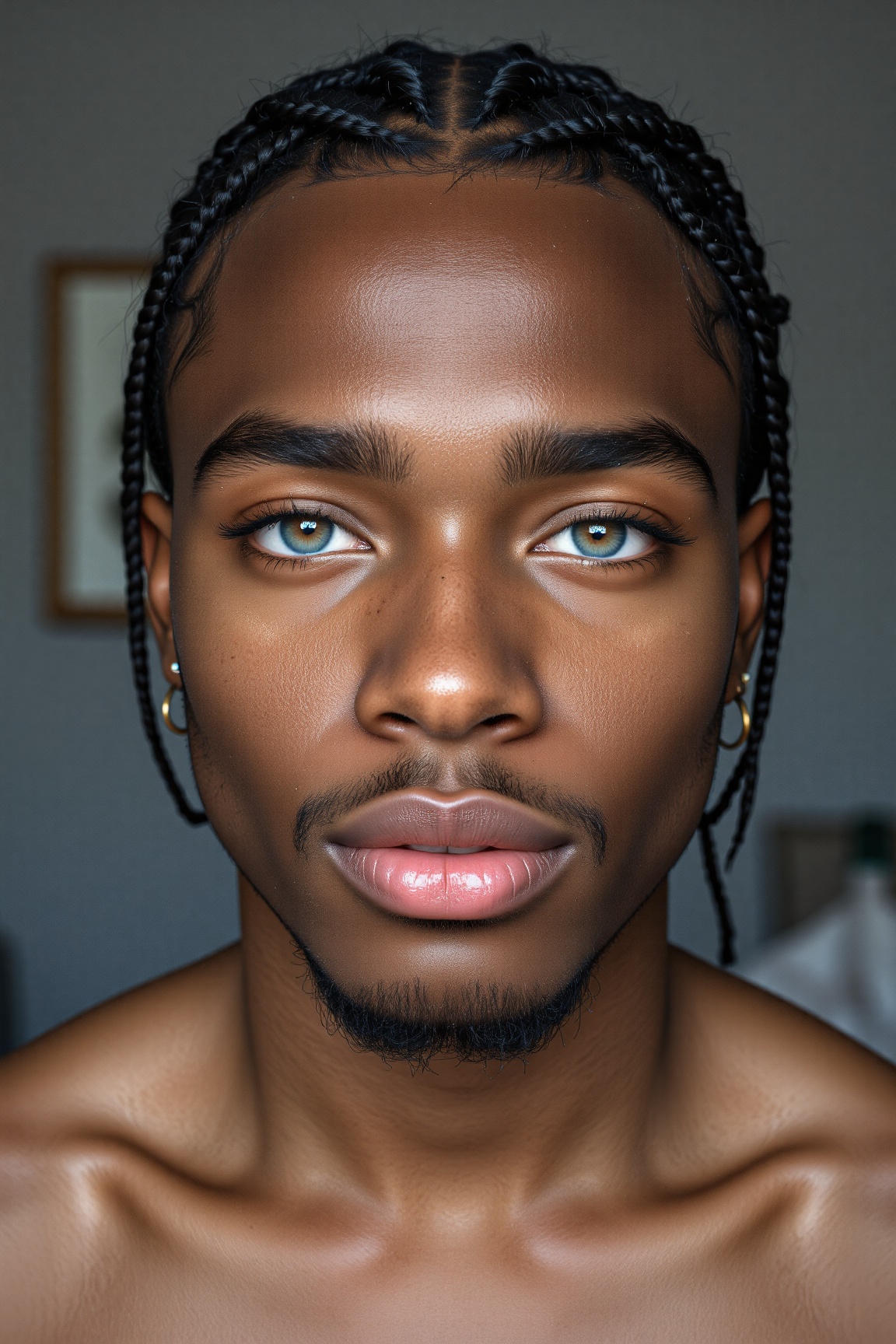 A close-up shot of a black man with braids on his head. The man's hair is styled in a braided manner. His eyes are a pierc...