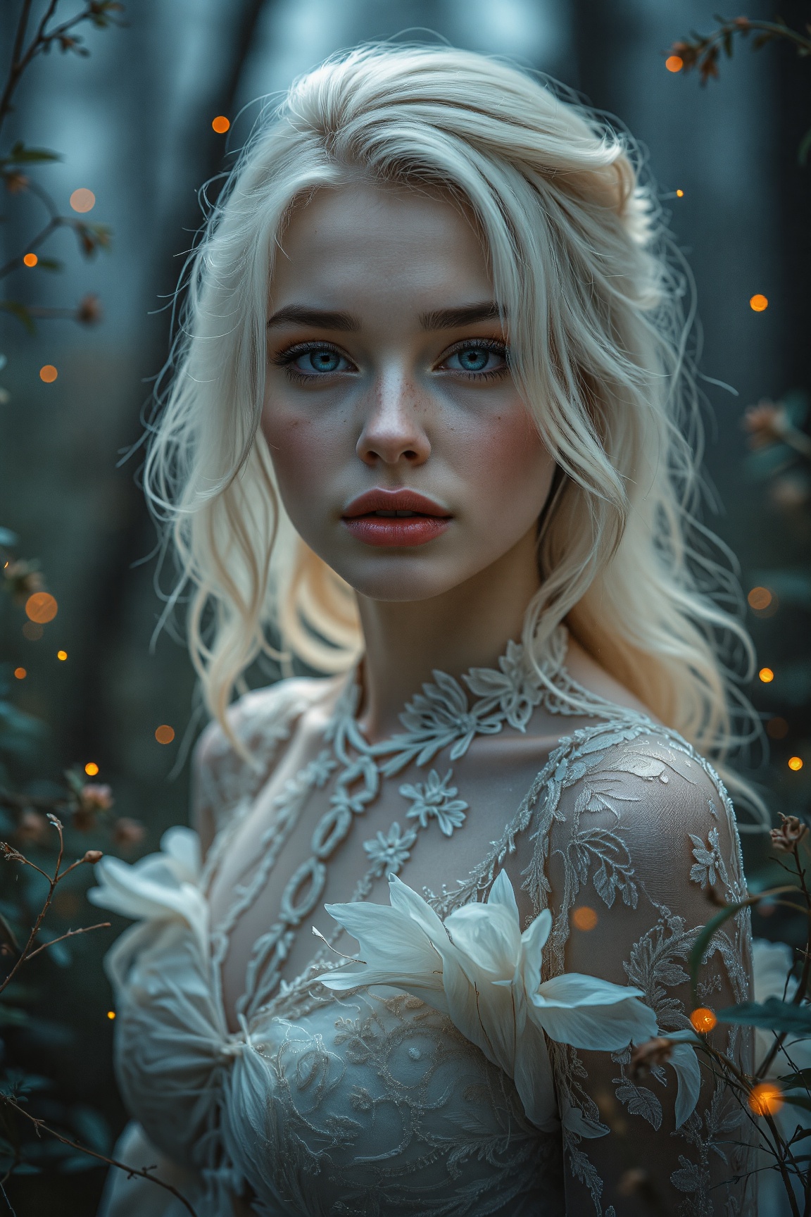 Ethereal portrait of a young woman with alabaster skin and iridescent eyes,  framed by cascading platinum blonde hair. She...
