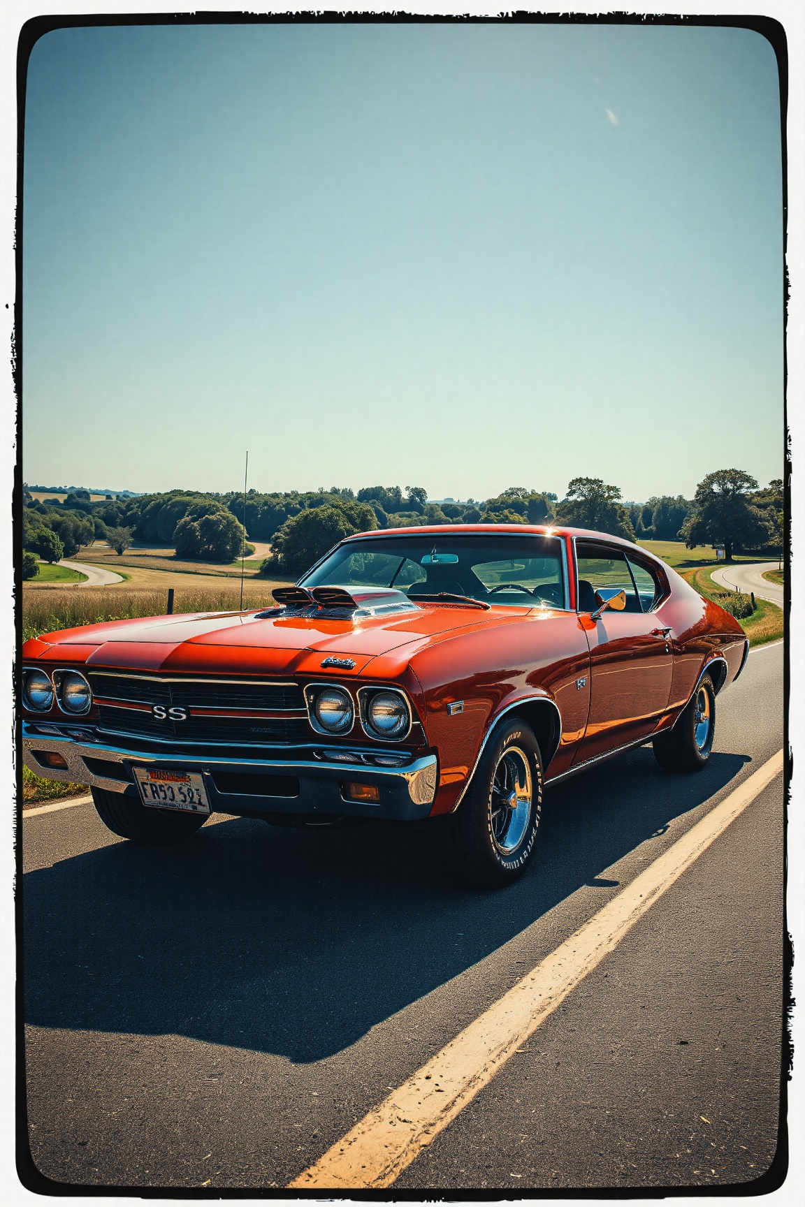 A vibrant,  cherry-red 1970s muscle car,  gleaming under a warm afternoon sun. Chrome accents sparkle on Tensor.Art