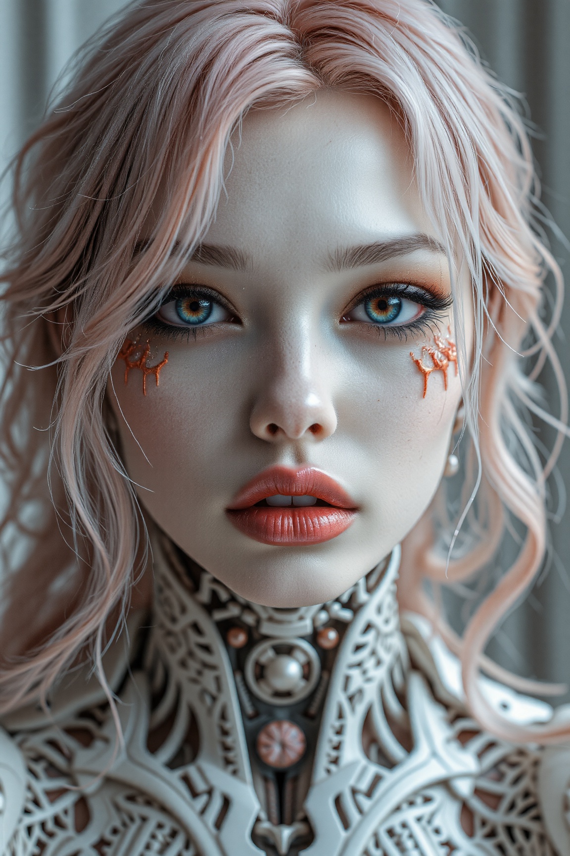 Soft studio lighting illuminates a stunning porcelain-skinned android's face,  featuring long,  wavy light pink hair and i...