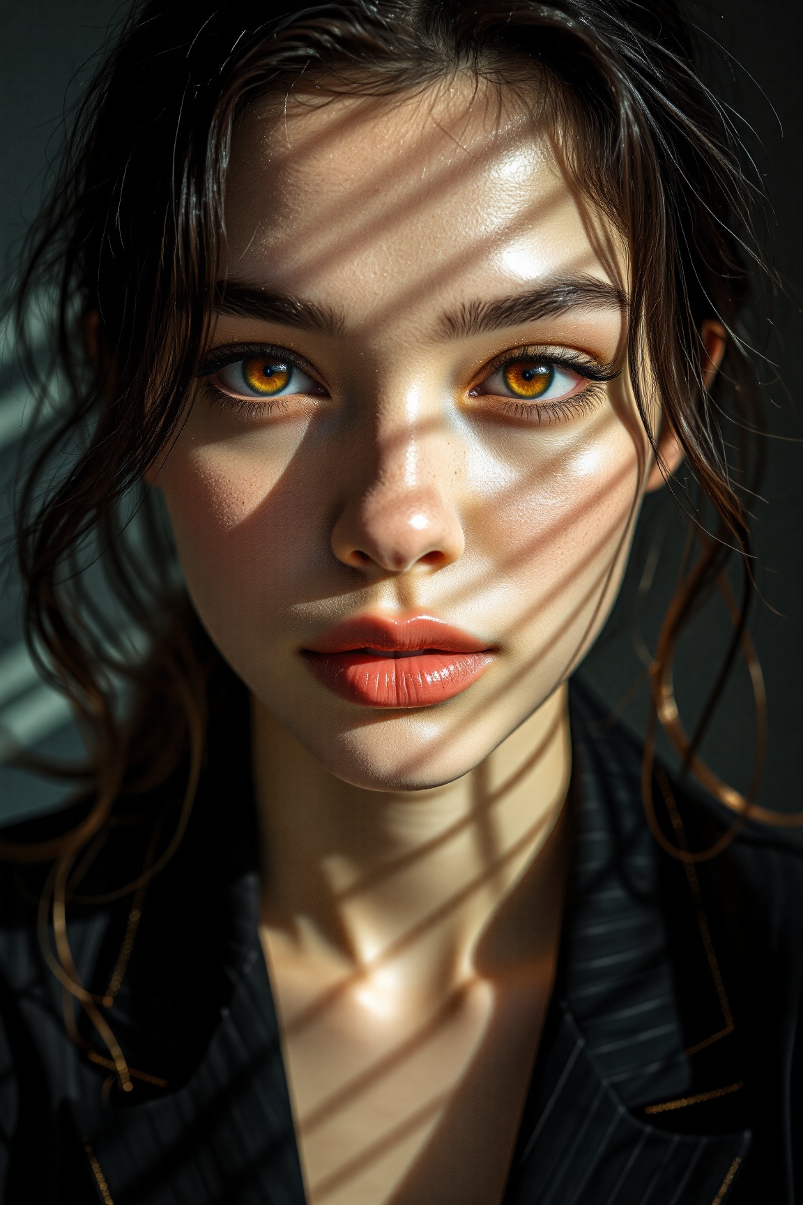 A close-up,  highly detailed photorealistic portrait of a young woman illuminated by sunlight streaming through window bli...