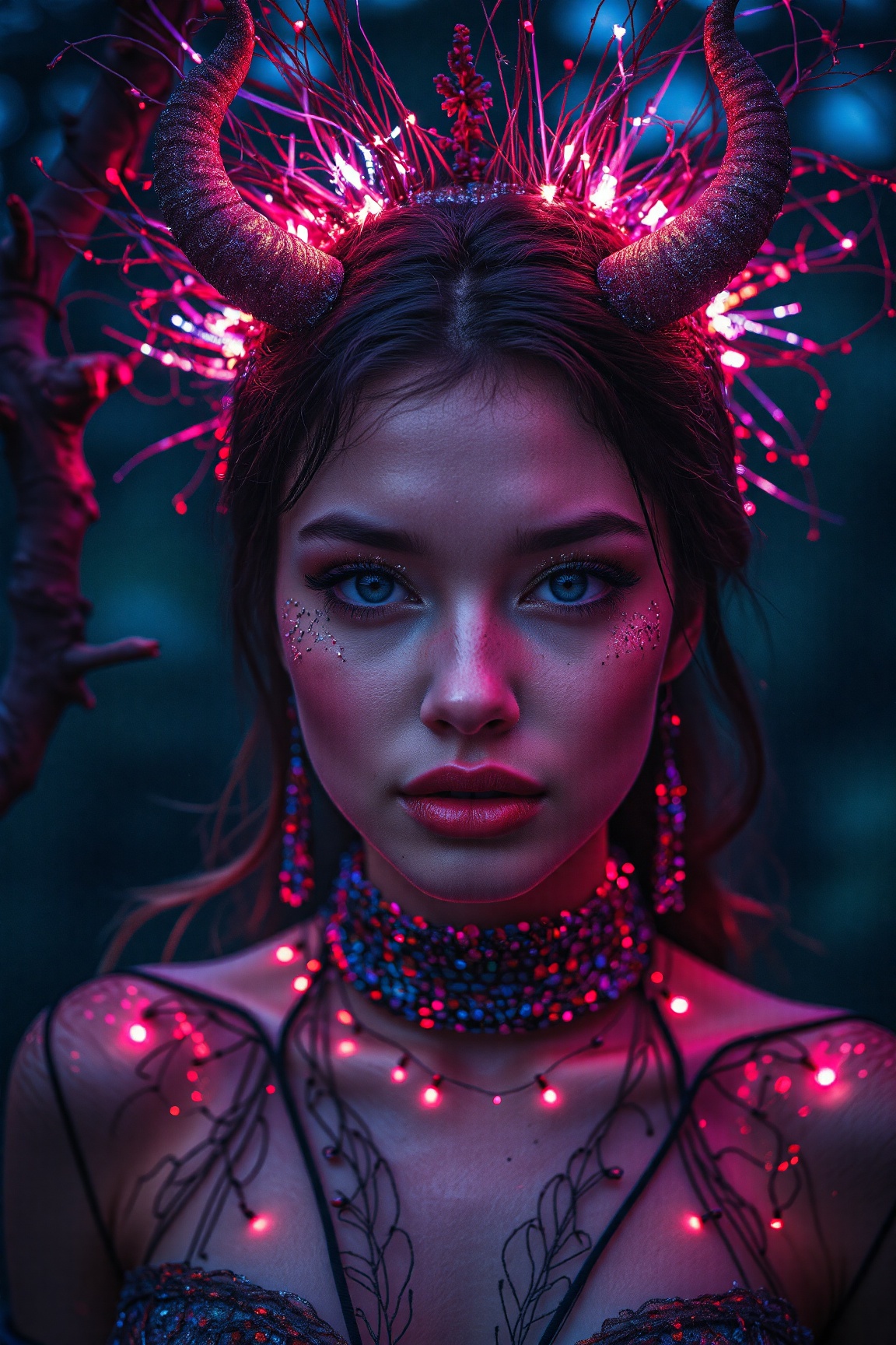 a close-up eye-level shot of a woman's face,  adorned with a unique headdress adorned with pink and purple lights. The wom...