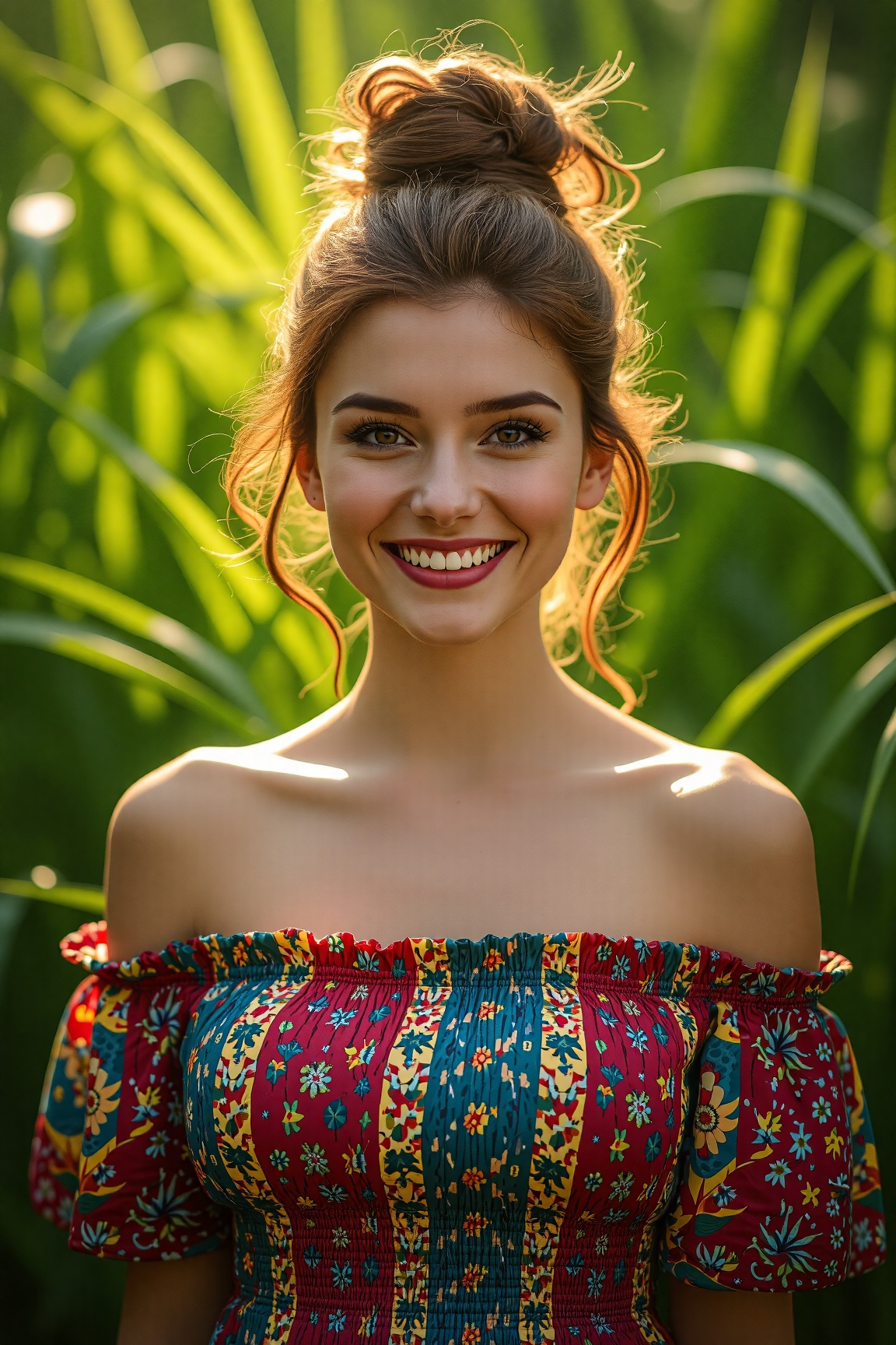 A warm ray of sunlight filters through lush greenery,  casting dappled shadows across the vibrant off-the-shoulder dress a...