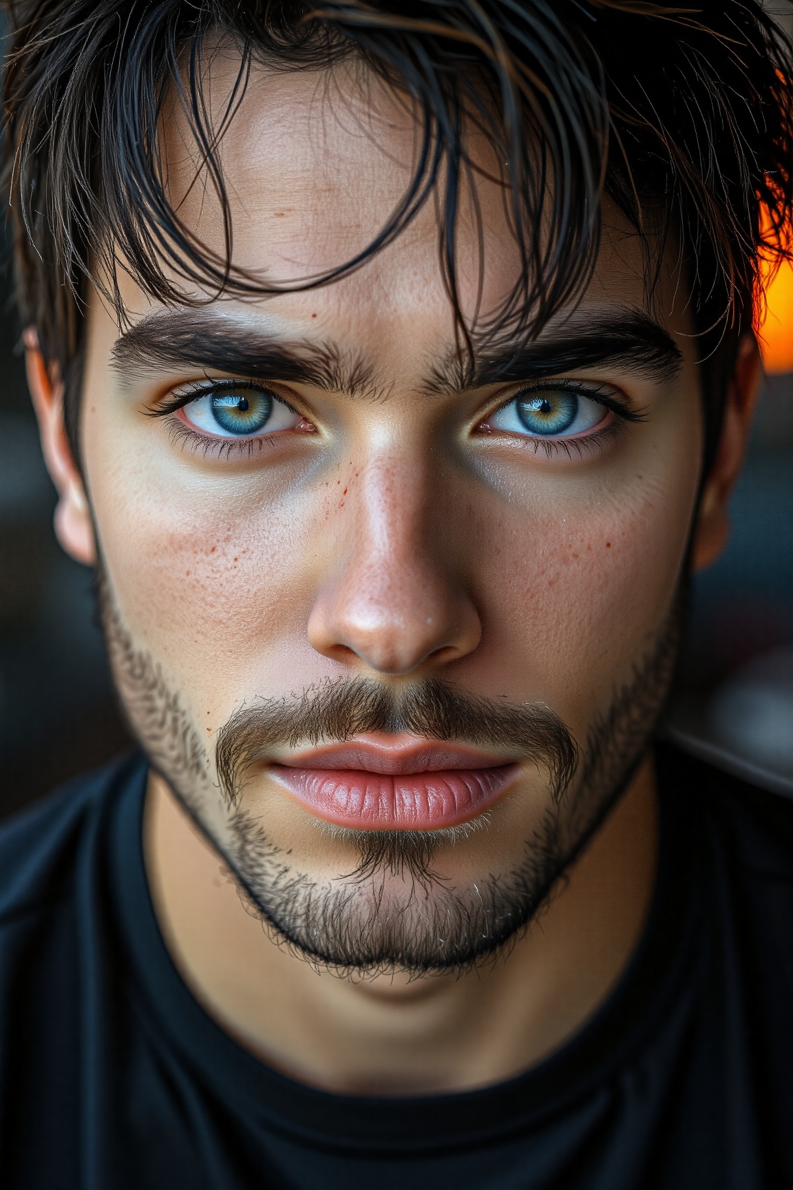 A close-up shot of a man's face,  the man's eyes are a piercing blue. His hair is a mix of black and brown,  and his eyebr...