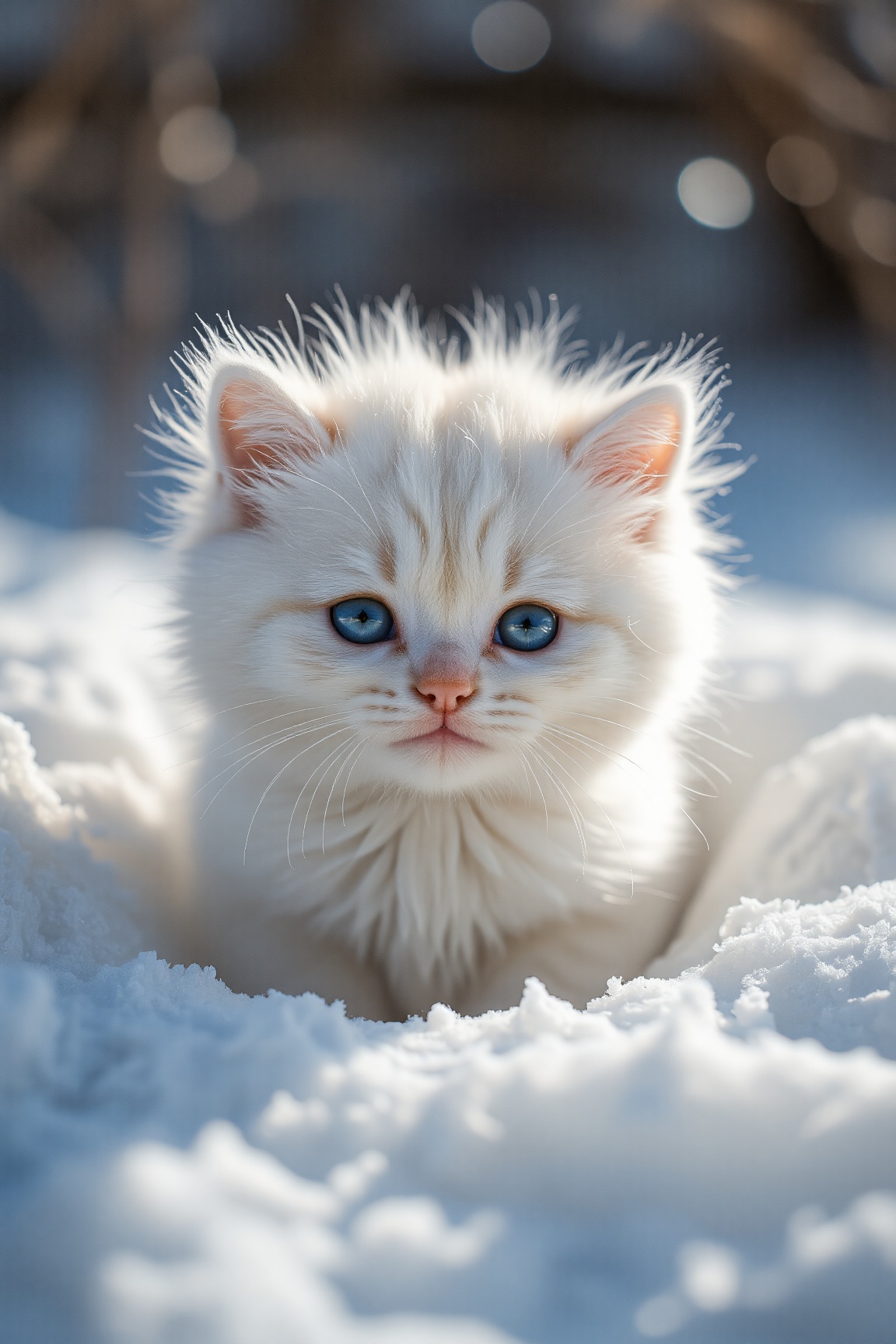 A fluffy,  snow-white kitten with bright blue eyes,  nestled in a pile of freshly fallen snow. The kitten's fur is soft an...