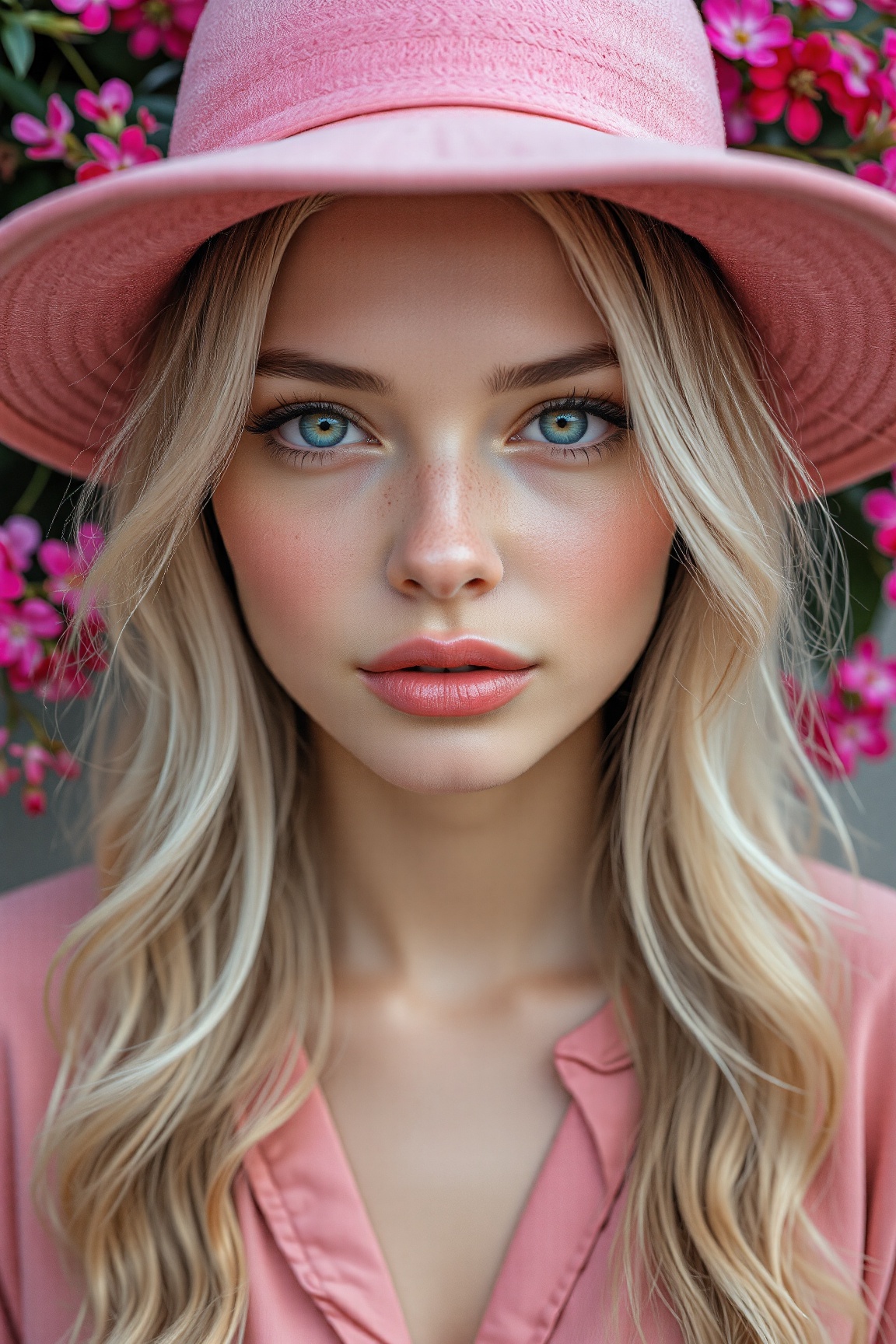 A close-up shot of a woman with long blonde hair and blue eyes. She is wearing a pink hat and a pink shirt. The background...