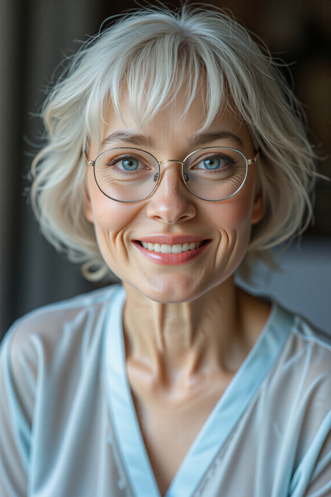 A serene portrait of a mature old woman,  her short blonde hair with bangs framing her gentle features. Behind thin-rimmed...