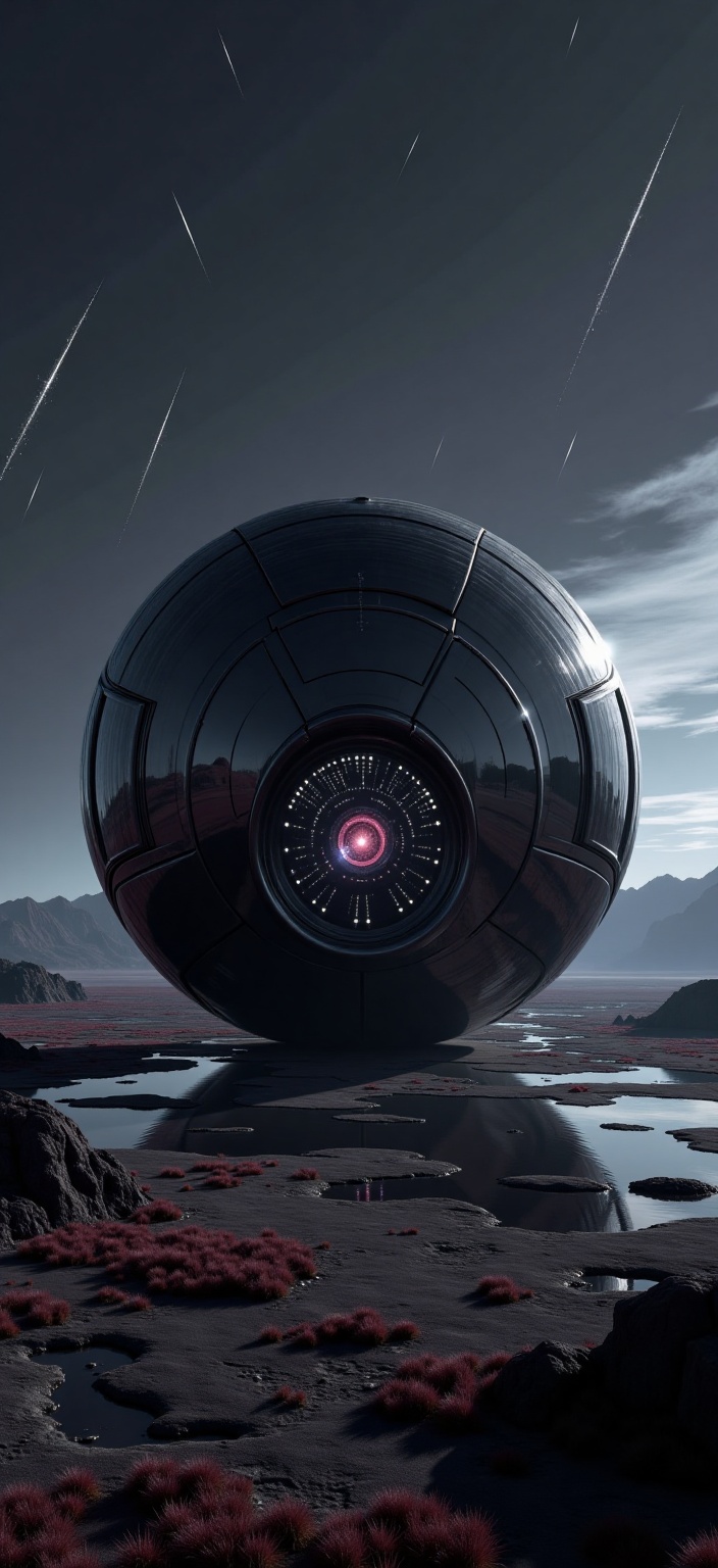 In a windswept basin of ochre plains and slow rivers,  a colossal alien spacecraft,  polished to monochrome on Tensor.Art