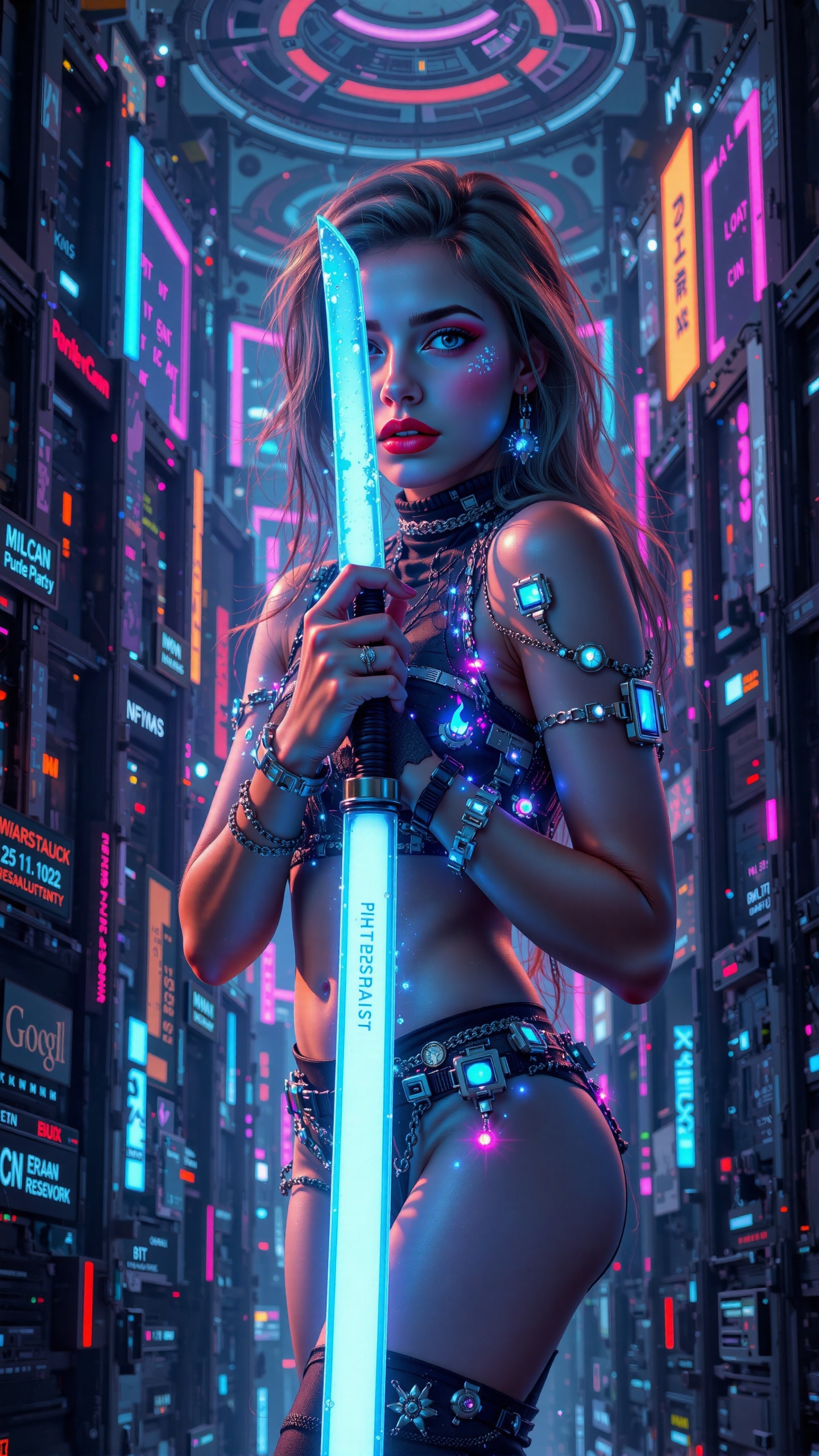 A 21 year old girl stand looking at viewer in a futuristic cyberpunk cityscape,  dominates the frame with her bold presenc...