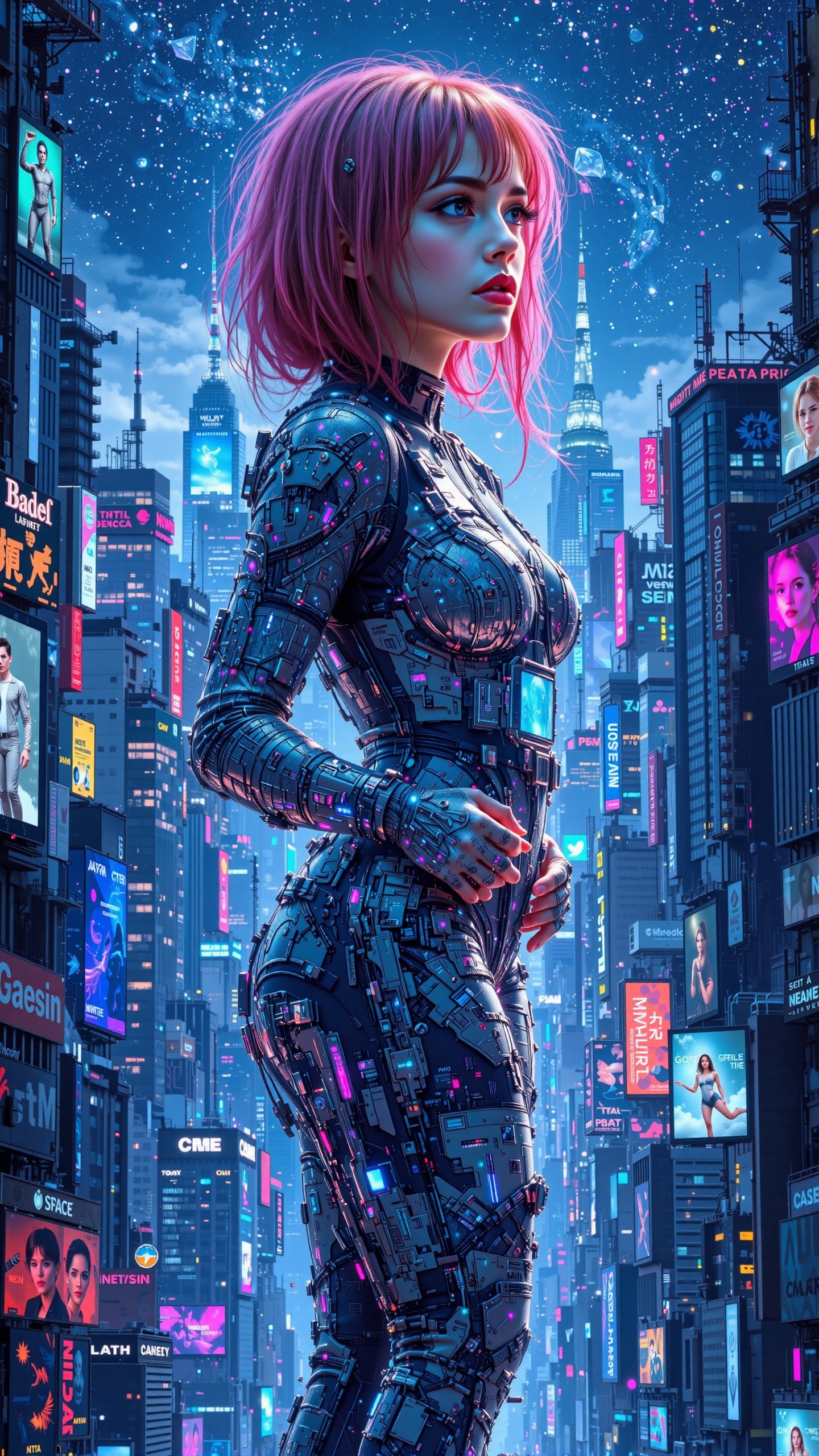 A futuristic metropolis awakens at dusk,  its towering skyscrapers piercing the sky like shards of crystal. The cybergirl,...