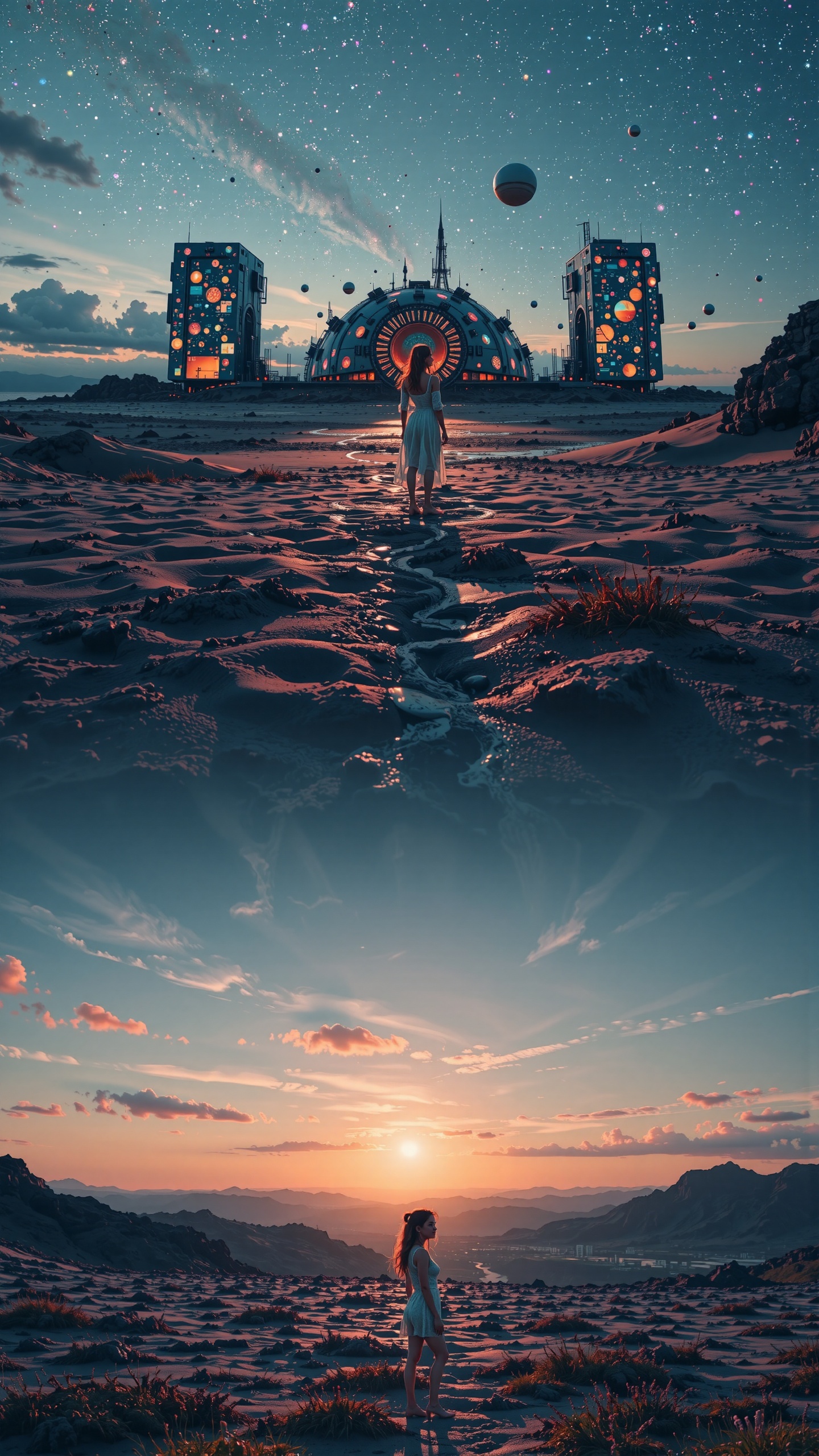 A low-angle shot frames the futuristic abode's radiant panels standing like sentinels on an alien beach at dusk,  with a y...