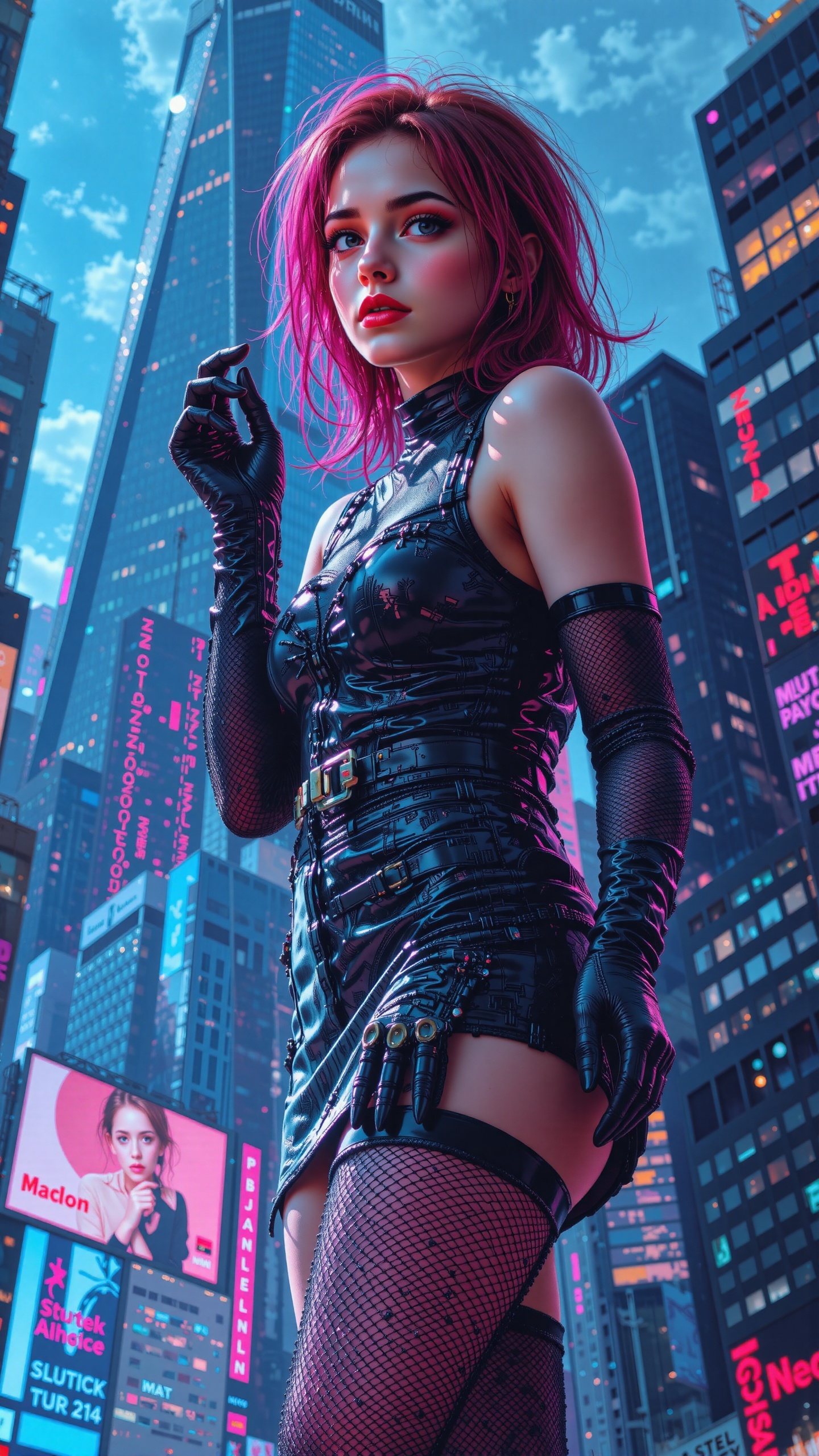 In a vibrant,  neon-lit cityscape,  a captivating 21 year old girl stands confidently before a sleek on Tensor.Art