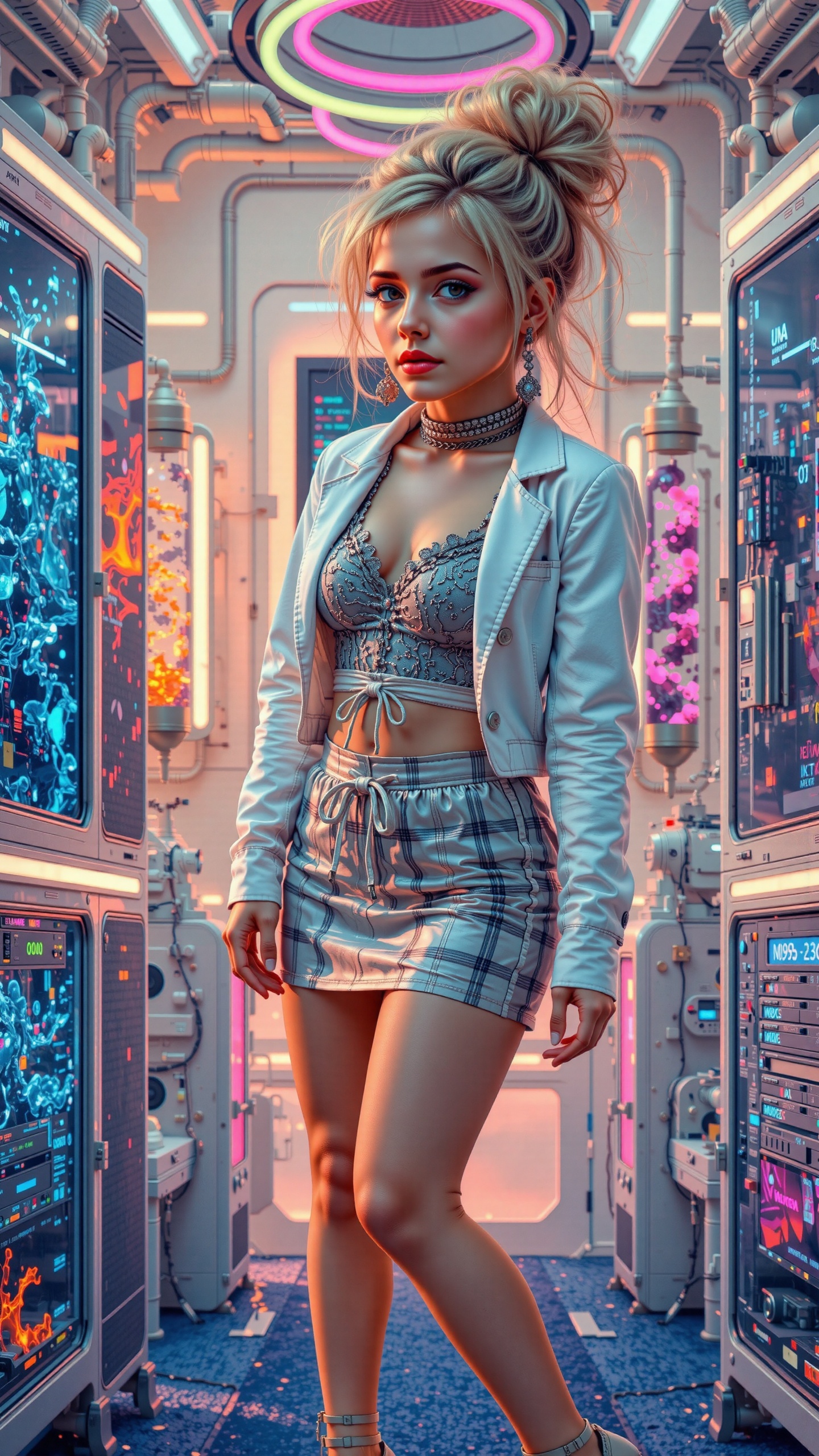 A 21 year old girl stand looking at viewer on the blue-gray carpeted floor,  surrounded by the hum of futuristic machinery...