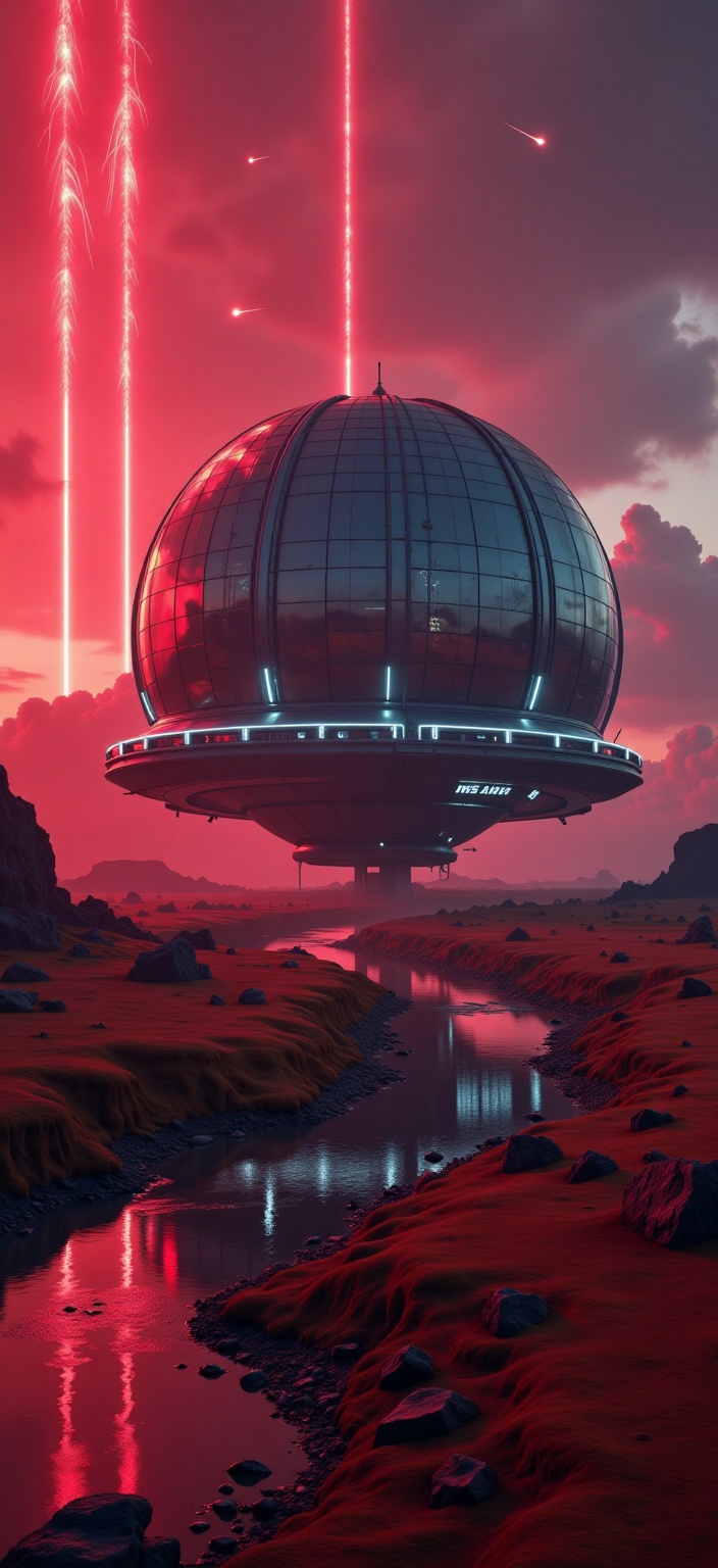A windswept basin composed of ochre plains and slow-moving rivers,  red smoke from radioactive gamma rays,  sets the stage...