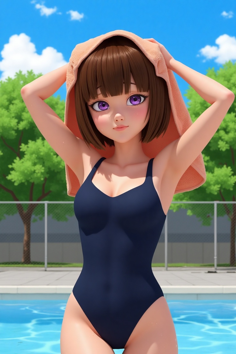 Mlb_style,  featuring a young woman in a swimming pool setting. The woman,  with fair skin and a petite build on Tensor.Art