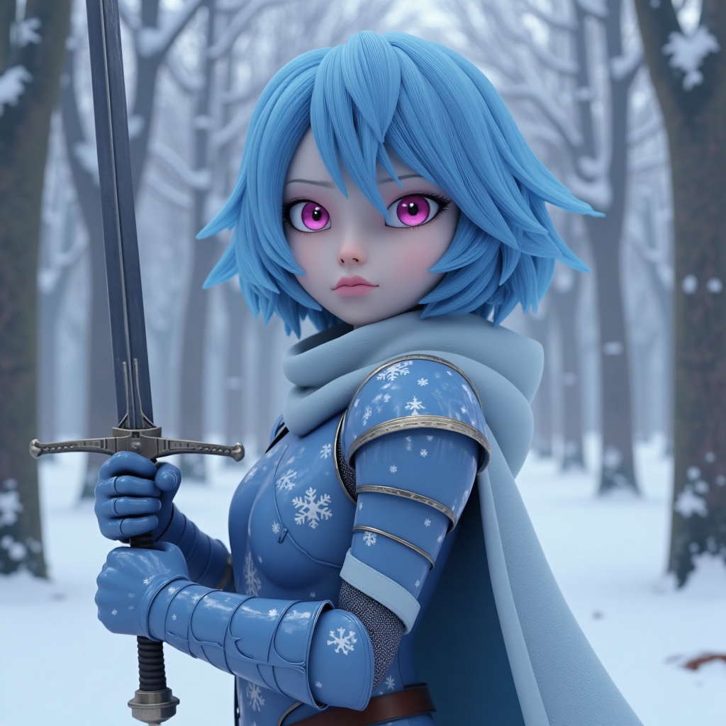 Mlb_style,  Young Female winter knight patrolling in a snowy forest while holding a sword,  her wavy bobcut icy blue hair...