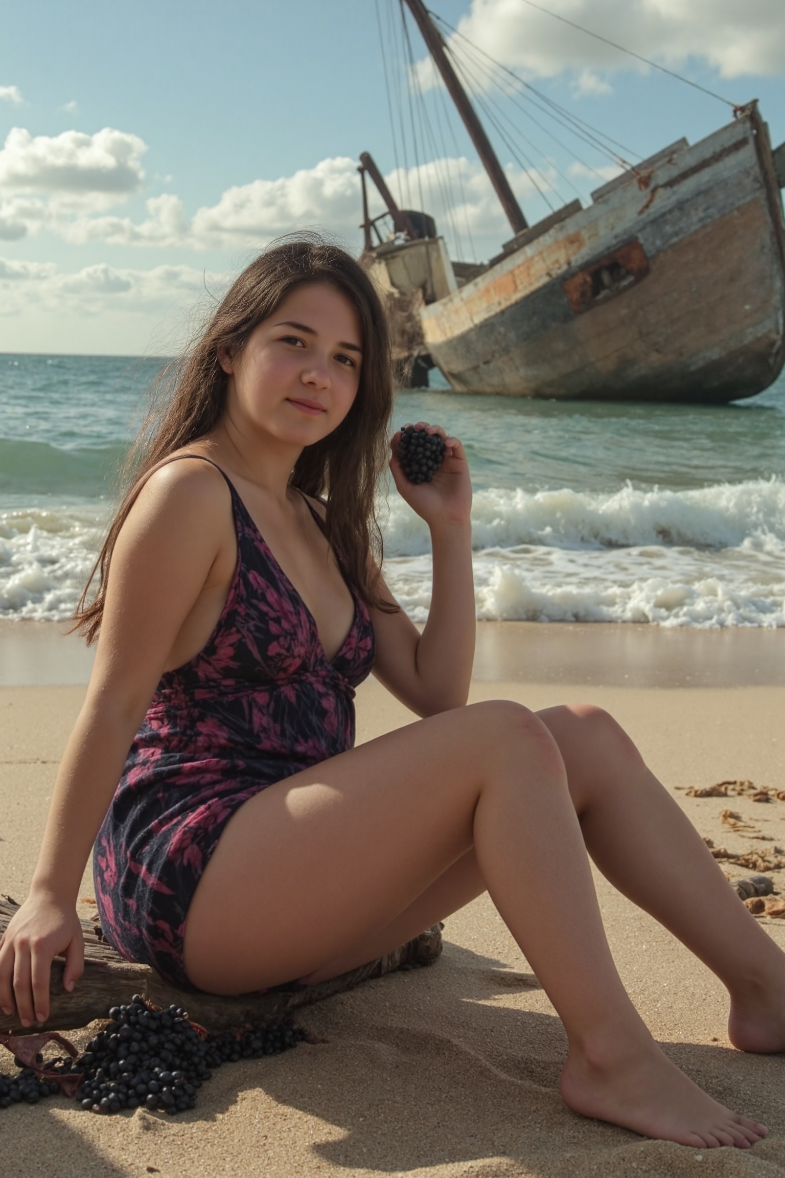 A striking pinup-style scene featuring a shipwrecked Susi-v2_7b,  posed elegantly on a sandy,  wave-kissed beach on Tensor...