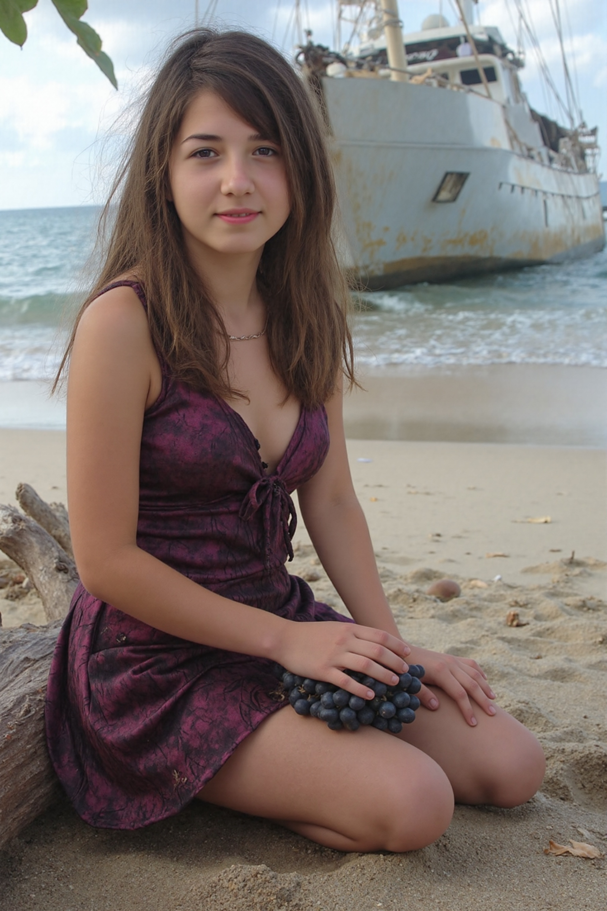 A striking pin-up scene featuring a shipwrecked Susi-v2_7b,  posed elegantly on a sandy,  wave-kissed beach on Tensor.Art