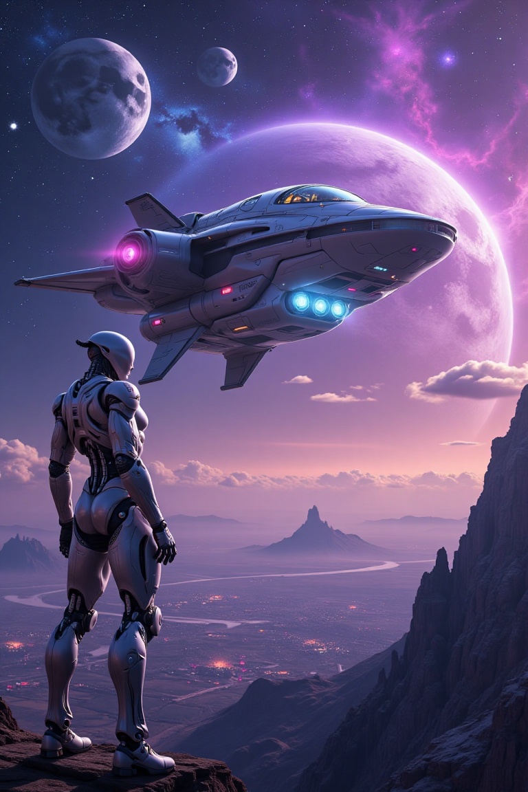 A futuristic spacecraft hovers above a vibrant,  alien colony on a distant planet. The ship's sleek design glows under the...