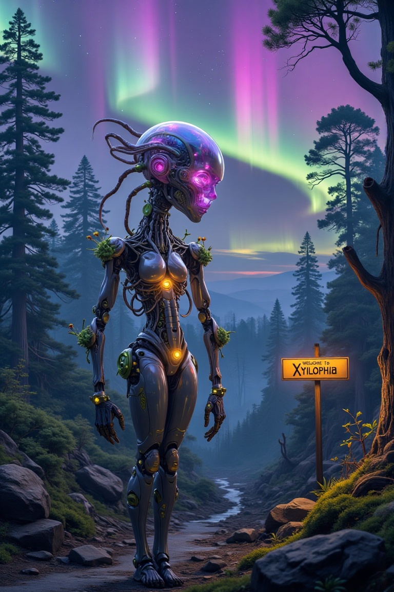 A biomechanical robot with plant-like tendrils stands in a lush,  alien forest. Surrealism style with vibrant colors. A st...
