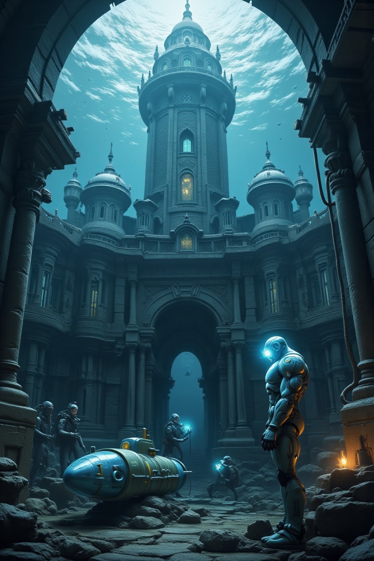 An underwater city with gothic architecture,  featuring a towering drum tower. Bioluminescent creatures illuminate the dam...