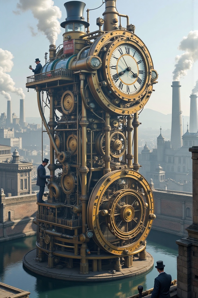 A grand steam-powered clockwork tower rises from a moat,  its brass and copper gears gleaming under Art Nouveau curves. Vi...