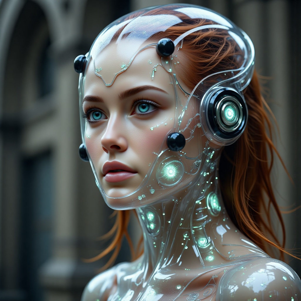 a close-up shot captures a woman's face,  adorned with a transparent headdress and a transparent body. The woman's headdre...