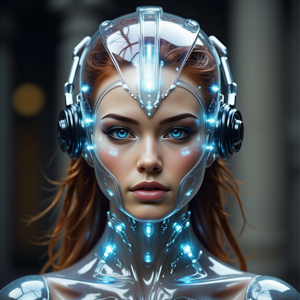 a close-up shot captures a woman's face,  adorned with a transparent headdress and a transparent body. The woman's headdre...