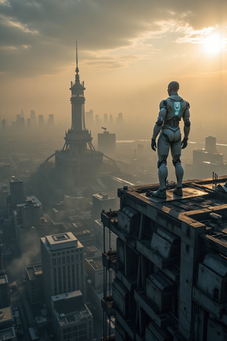 A dystopian cityscape at dawn,  shrouded in mist. Biomechanical structures and augmented reality interfaces blend seamless...