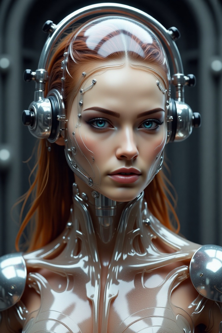 a close-up shot captures a woman's face,  adorned with a transparent headdress and a transparent body. The woman's headdre...