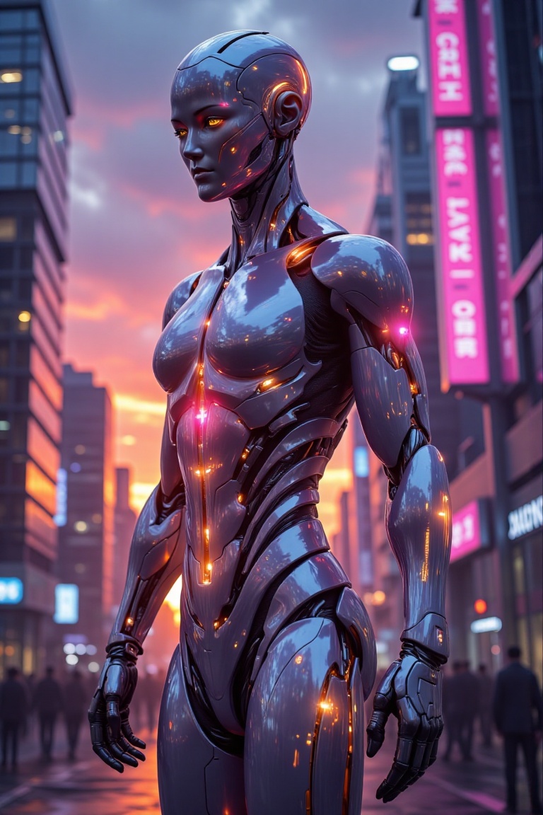 A sleek,  humanoid robot stands as a statue in a neon-lit futuristic city at sunset. Its metallic surface reflects the vib...