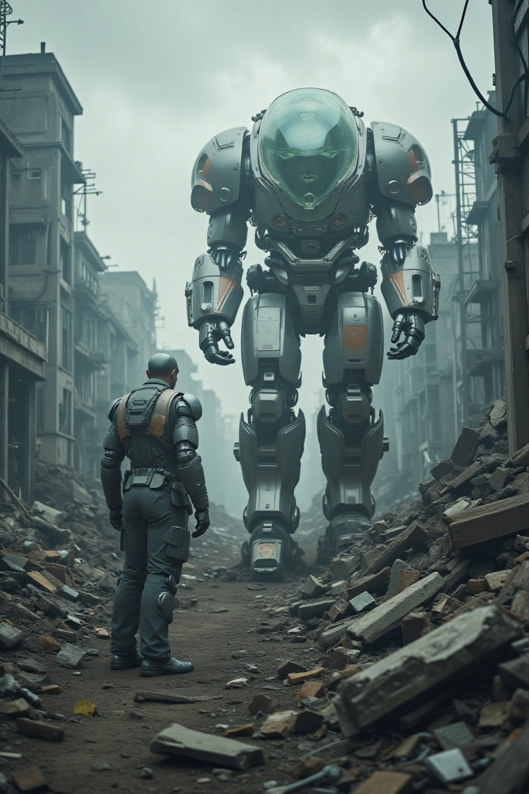 In a Brutalist,  humid wasteland,  a lone figure scavenges through crumbling ruins. A robotic companion stands by on Tenso...