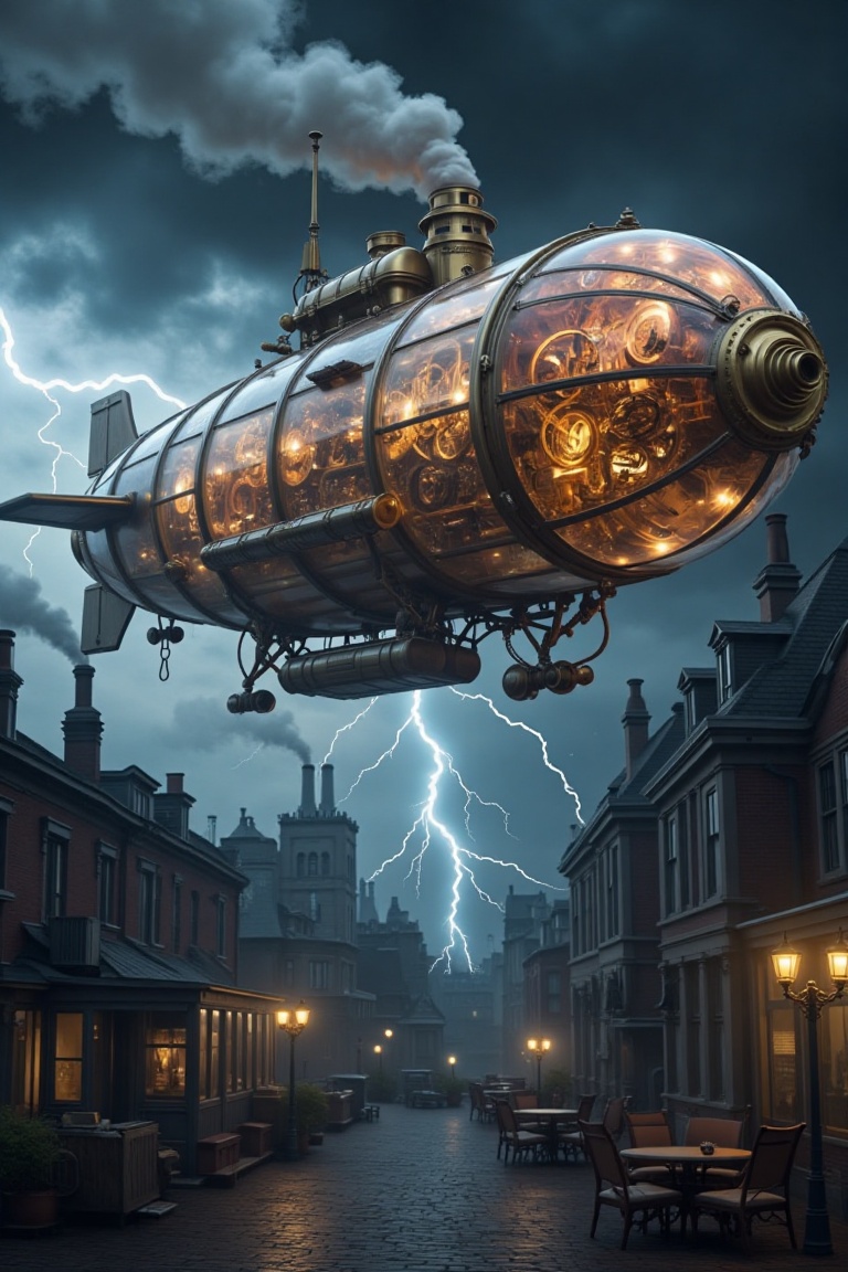 A steampunk airship hovers over a Victorian city during a thunderstorm. Brass and copper gears turn visibly,  while clockw...
