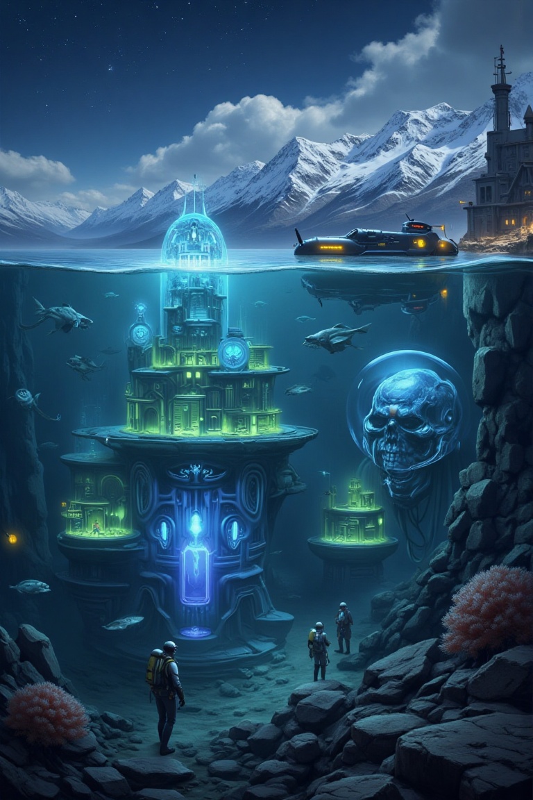 An underwater city glows with bioluminescence,  its structures illuminated in vibrant blues and greens. Aquatic creatures...